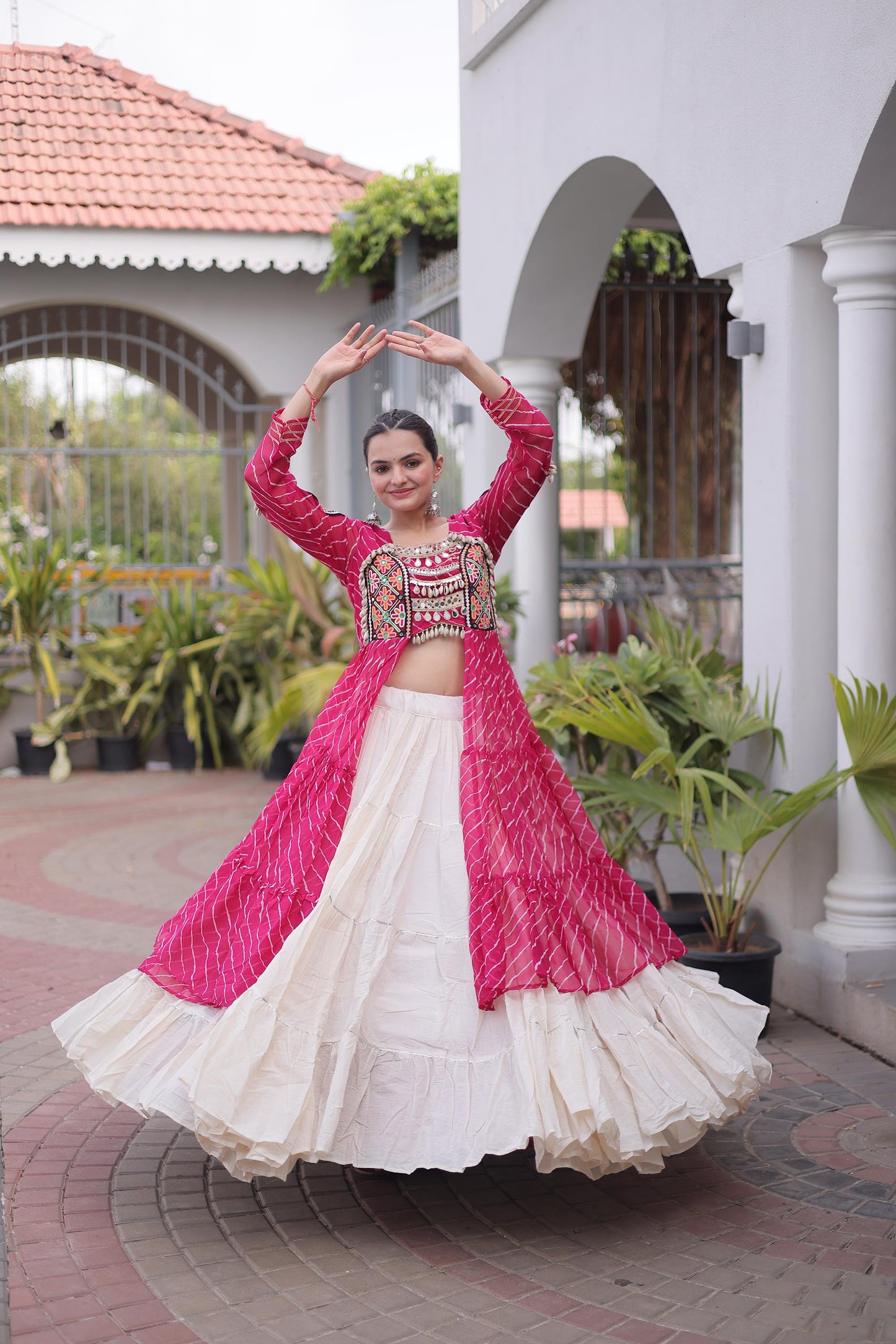 Pink Faux Georgette Lehariya Print with Kutchi Patchwork Navratri Lehenga Choli