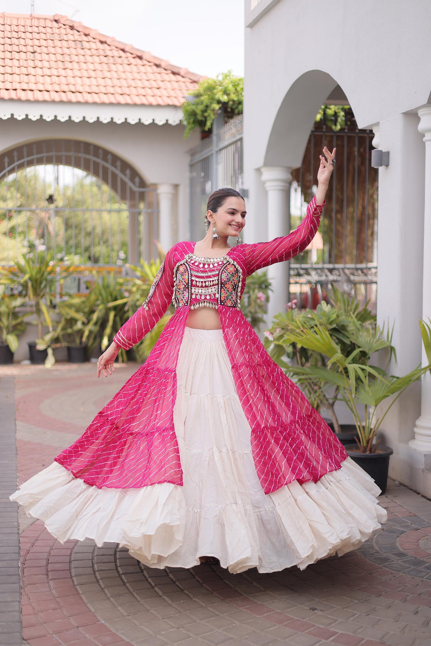 Pink Faux Georgette Lehariya Print with Kutchi Patchwork Navratri Lehenga Choli