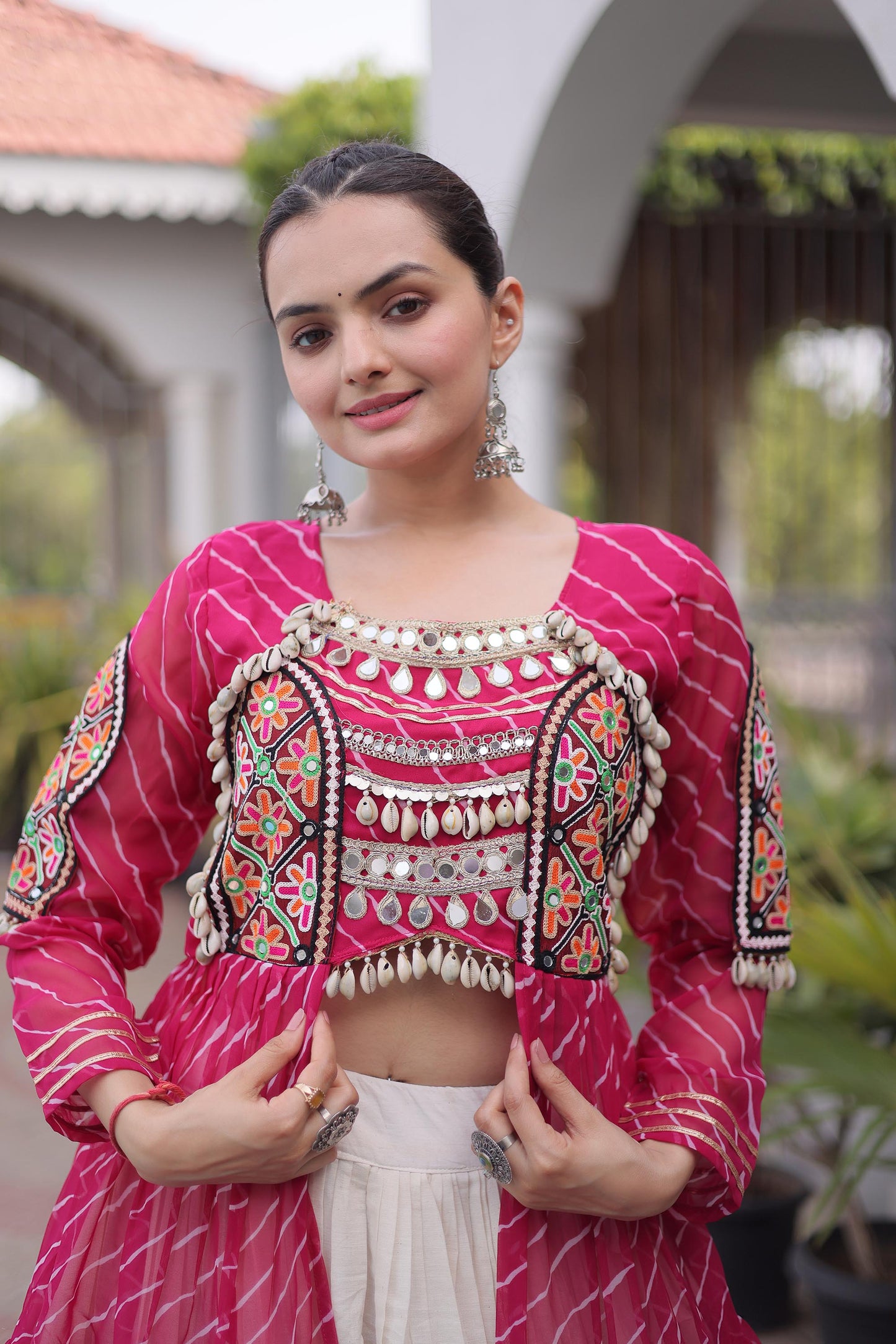 Pink Faux Georgette Lehariya Print with Kutchi Patchwork Navratri Lehenga Choli