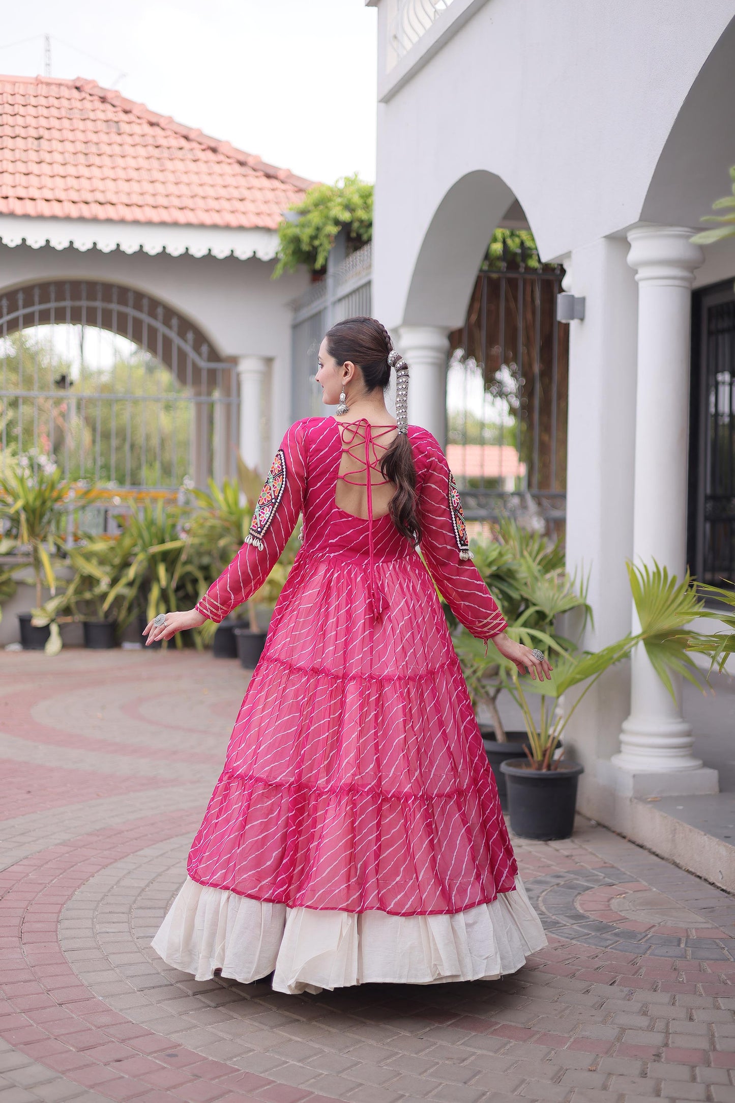 Pink Faux Georgette Lehariya Print with Kutchi Patchwork Navratri Lehenga Choli