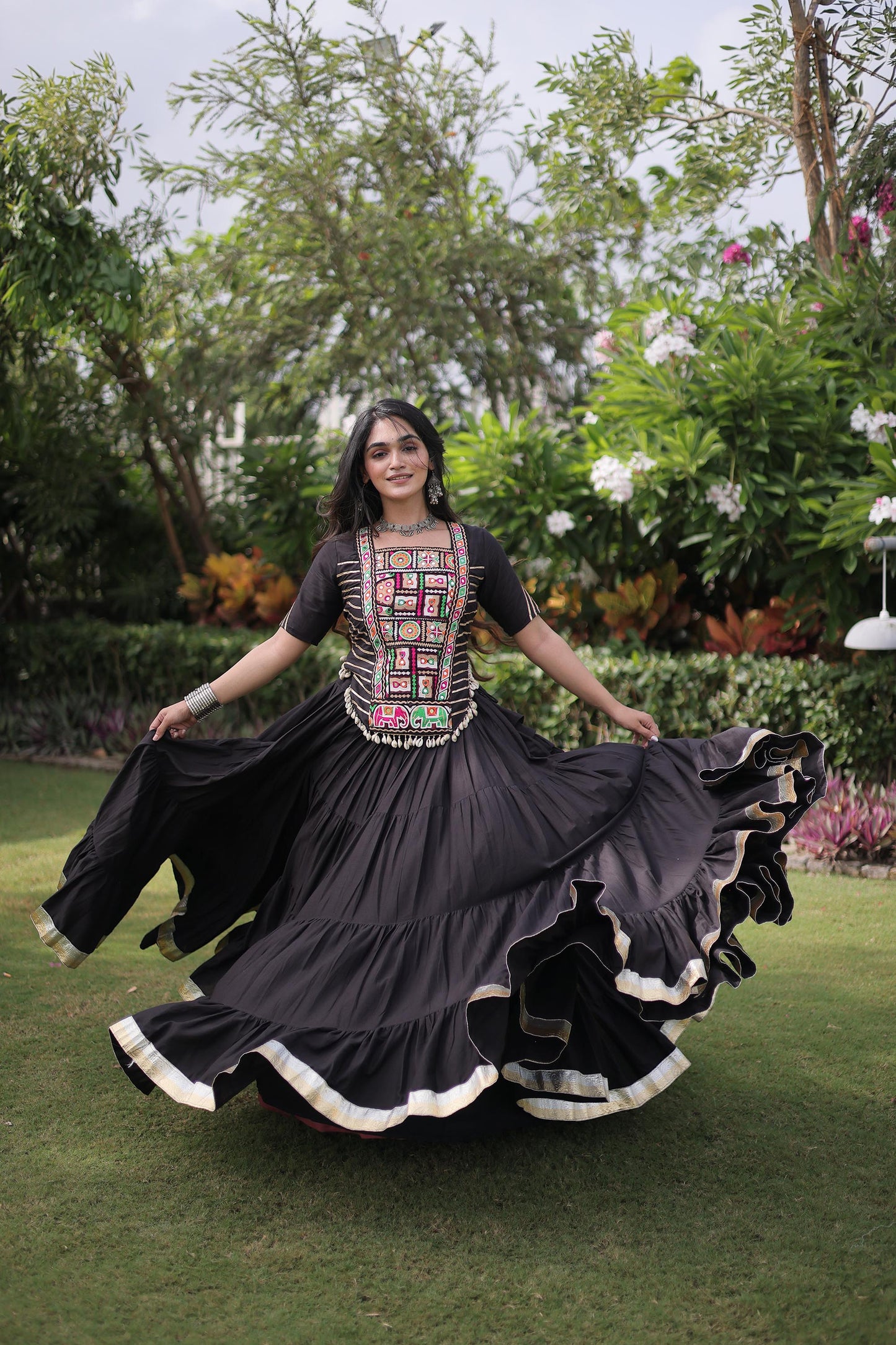 Black Cotton with kutcha Patch Work  Navratri Lehenga