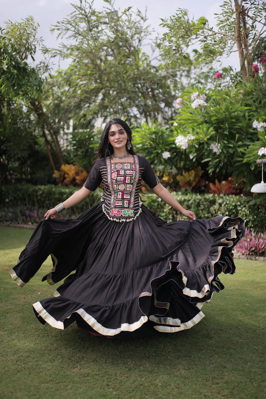 Black Cotton with kutcha Patch Work  Navratri Lehenga