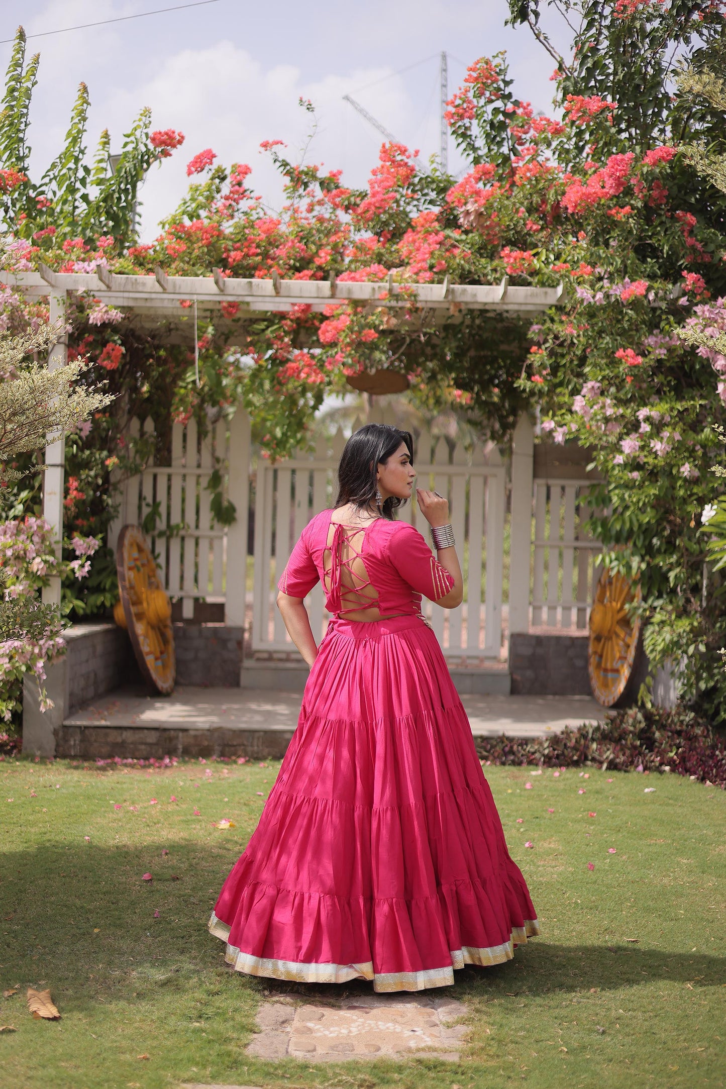 Pink Kora Cotton with kutcha Patch Work  Navratri Lehenga
