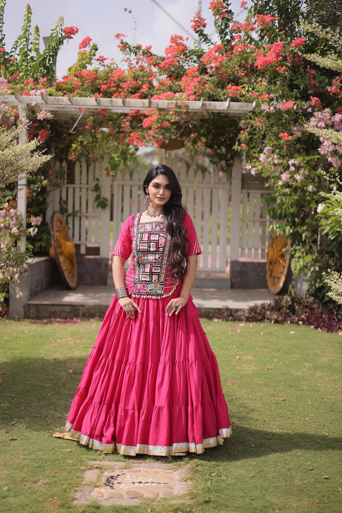 Pink Kora Cotton with kutcha Patch Work  Navratri Lehenga