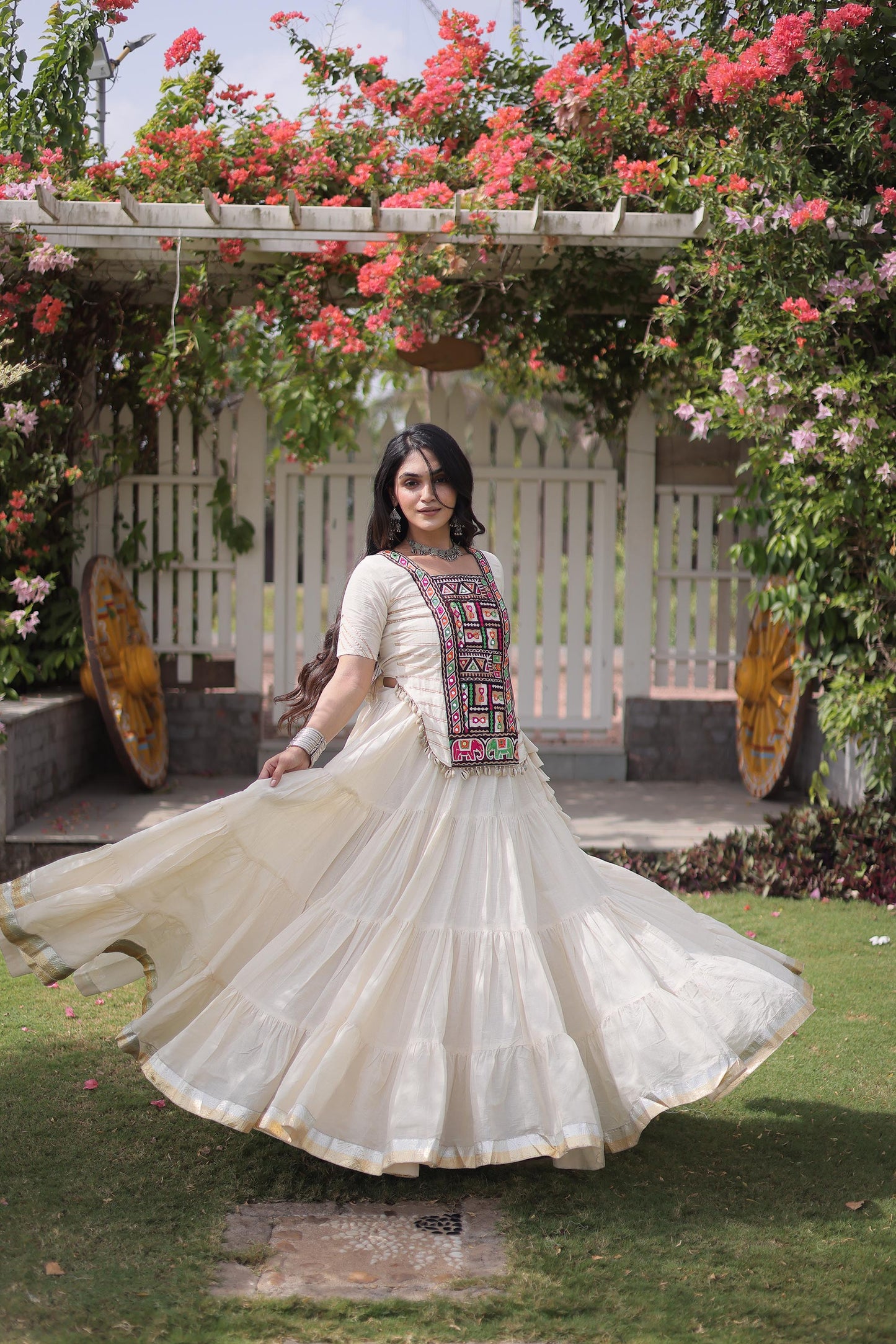 White Kora Cotton with kutcha Patch Work  Navratri Lehenga