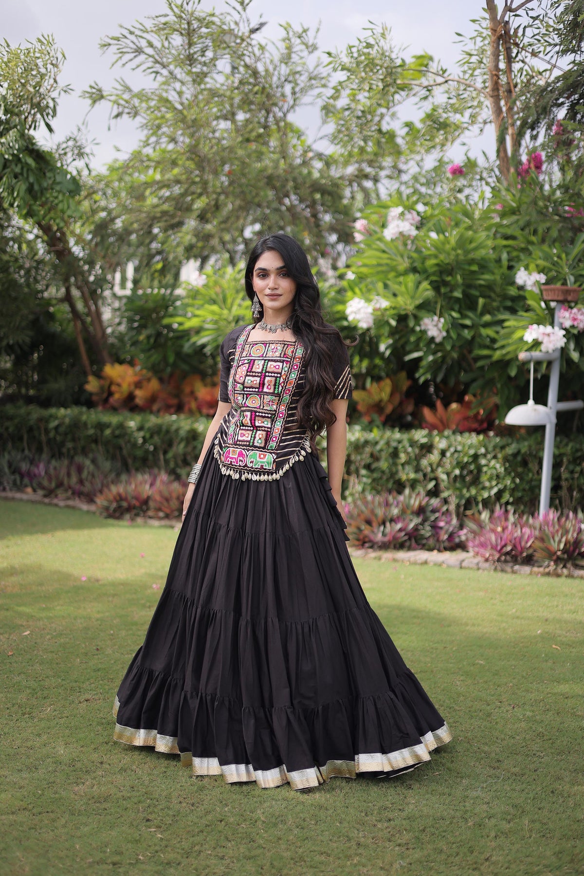 Black Cotton with kutcha Patch Work  Navratri Lehenga