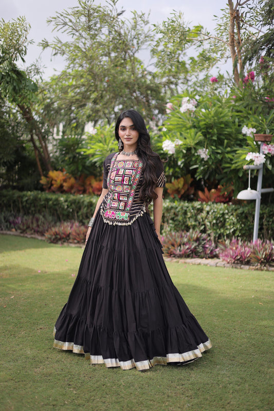 Black Cotton with kutcha Patch Work  Navratri Lehenga