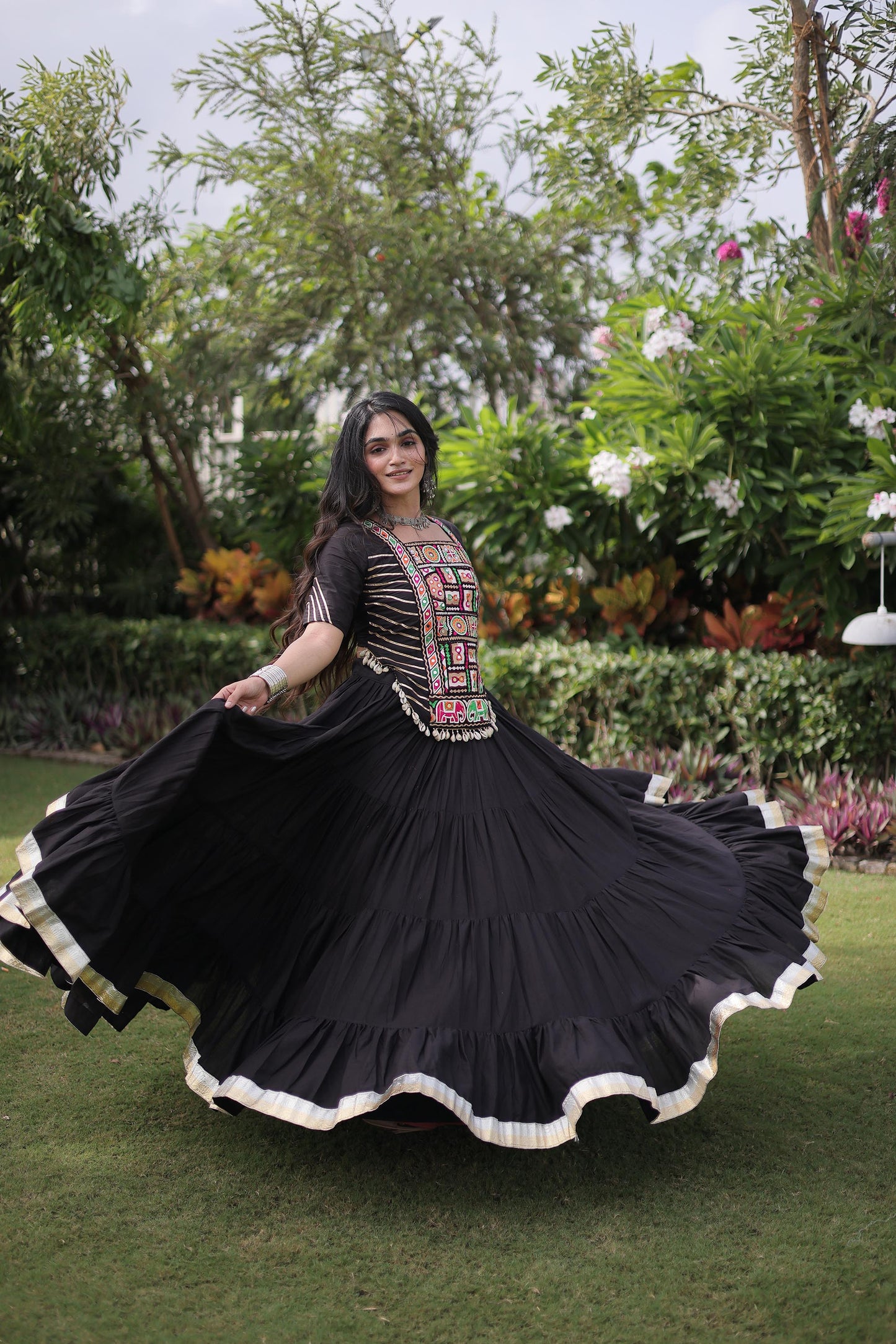 Black Cotton with kutcha Patch Work  Navratri Lehenga