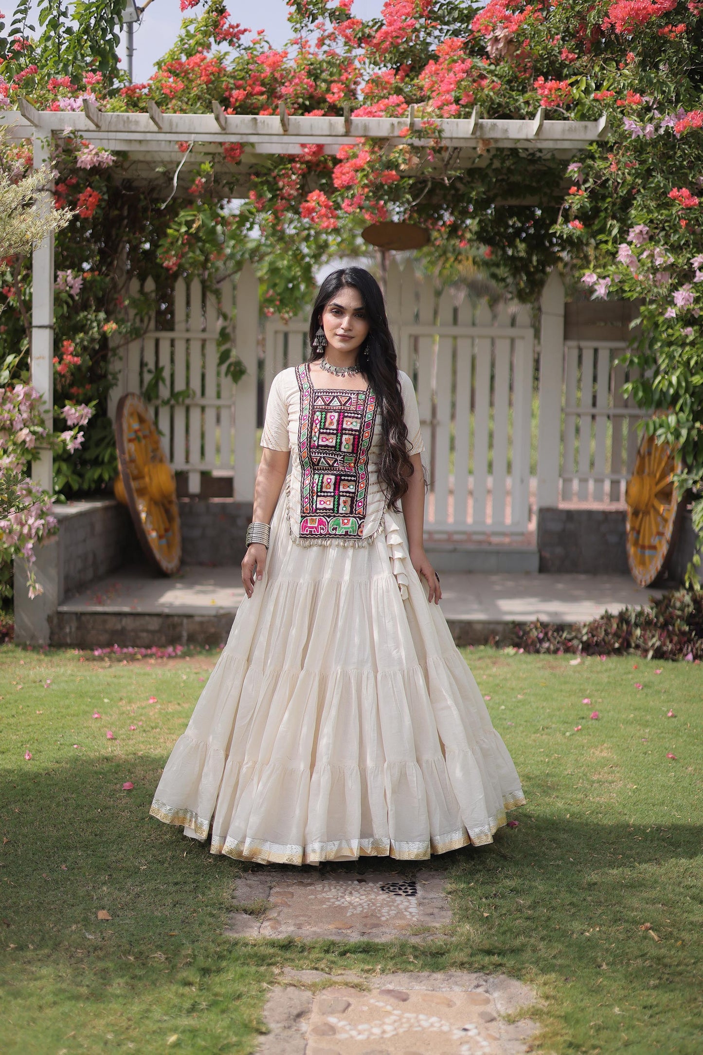 White Kora Cotton with kutcha Patch Work  Navratri Lehenga