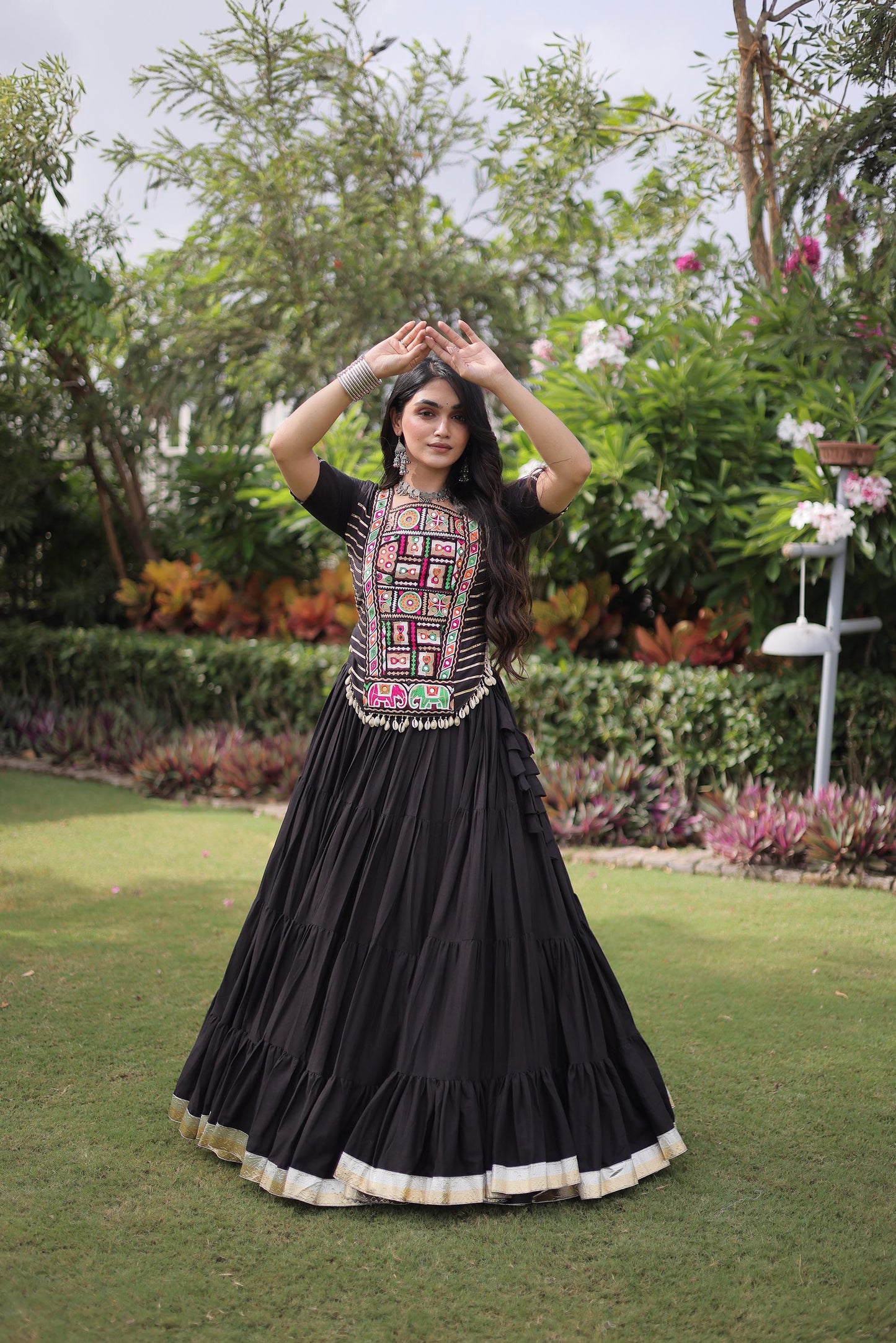 Black Cotton with kutcha Patch Work  Navratri Lehenga