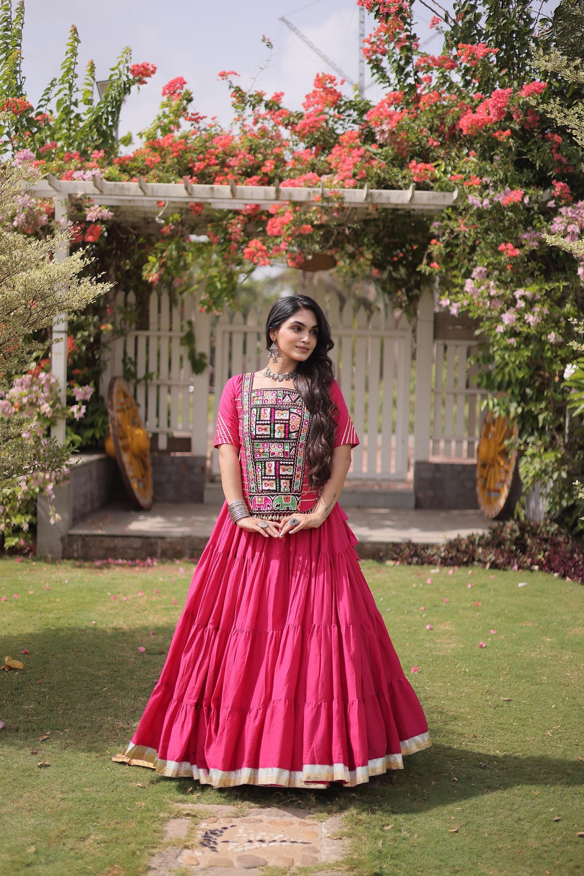 Pink Kora Cotton with kutcha Patch Work  Navratri Lehenga