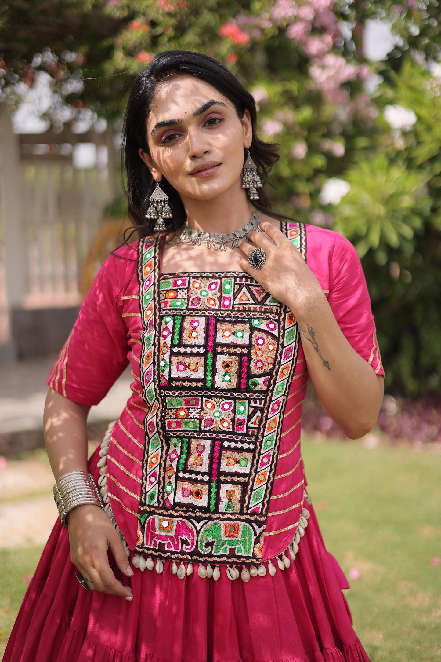 Pink Kora Cotton with kutcha Patch Work  Navratri Lehenga