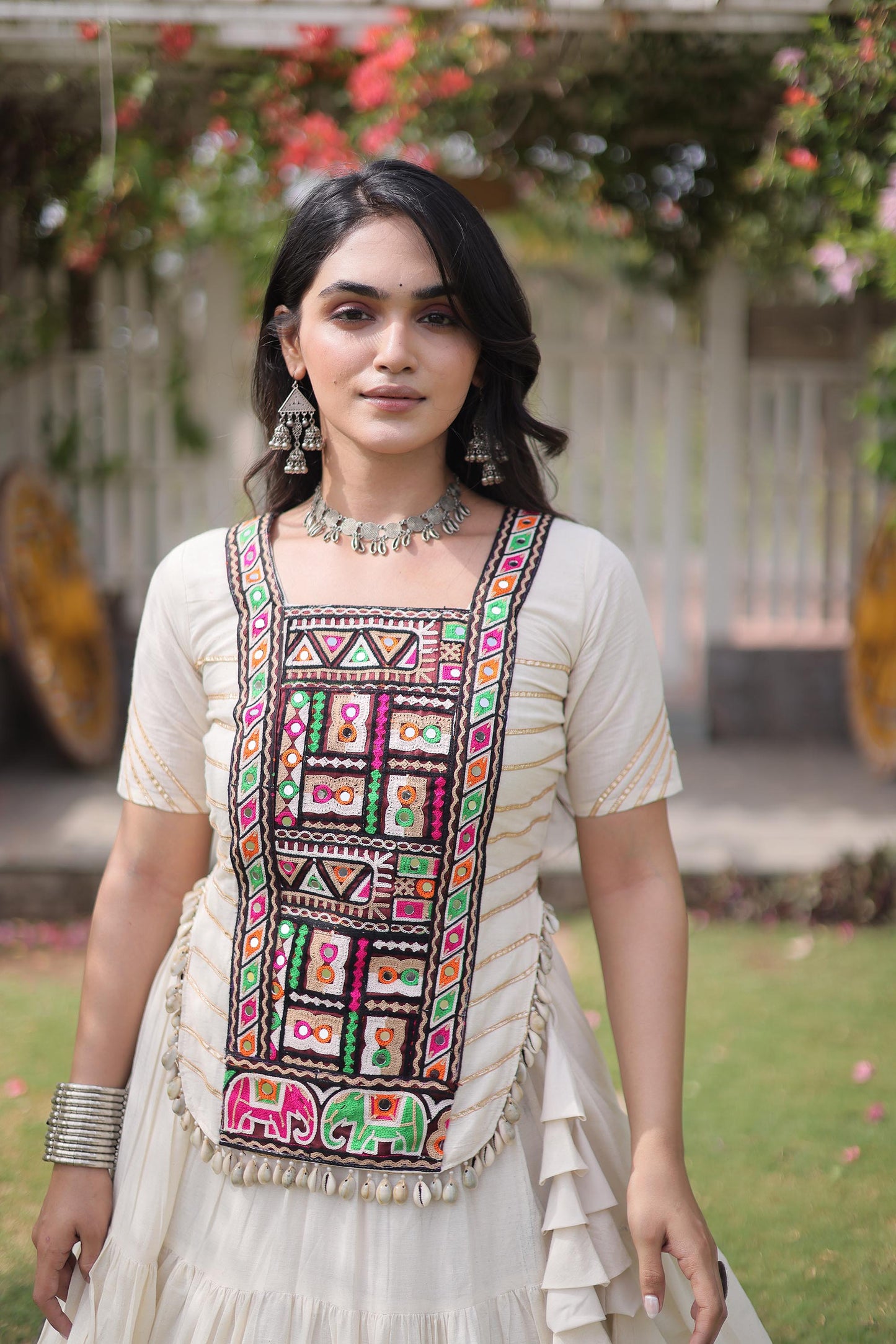White Kora Cotton with kutcha Patch Work  Navratri Lehenga