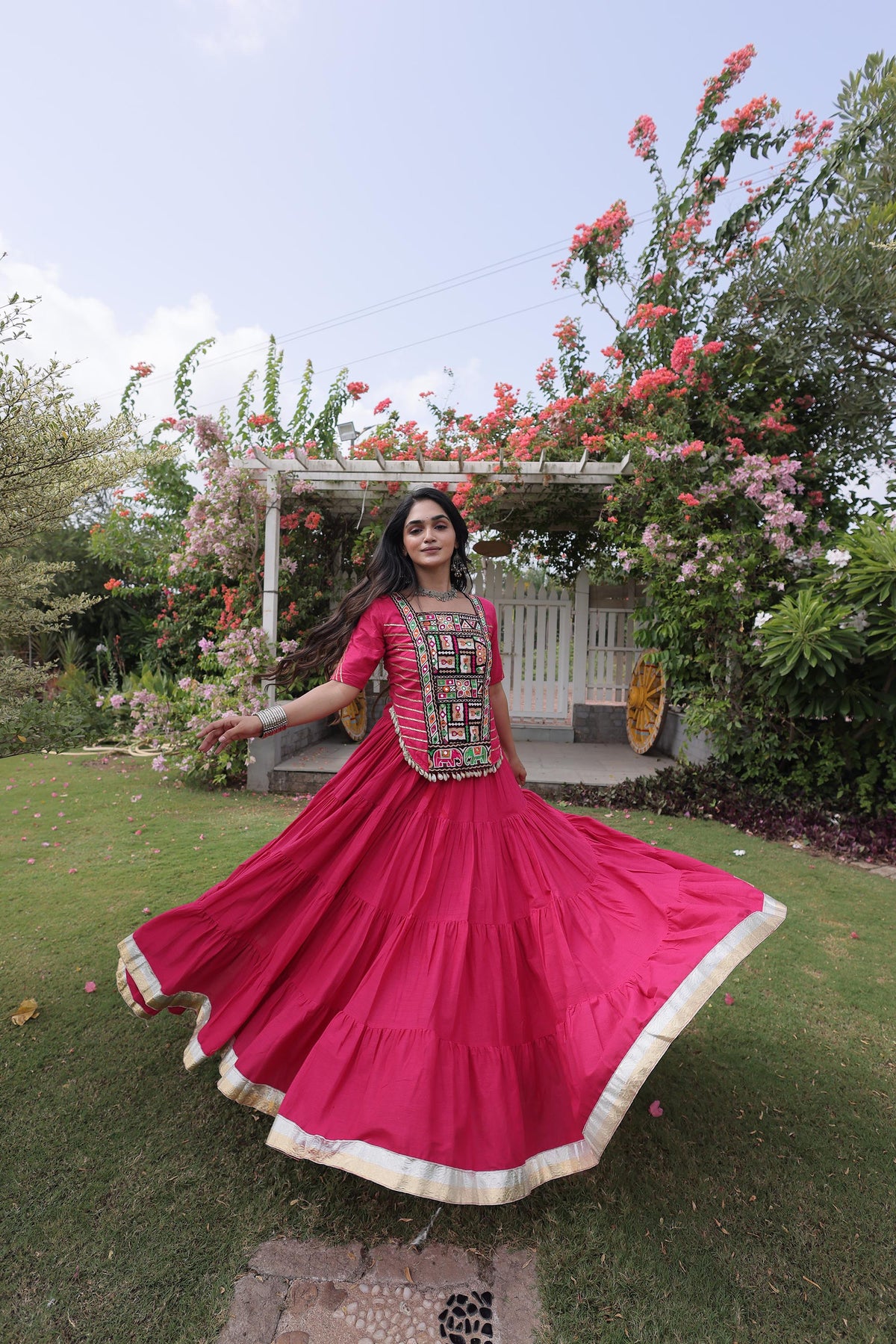 Pink Kora Cotton with kutcha Patch Work  Navratri Lehenga