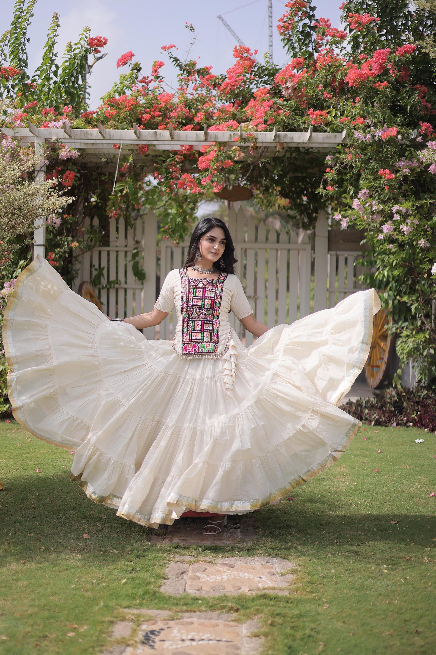 White Kora Cotton with kutcha Patch Work  Navratri Lehenga