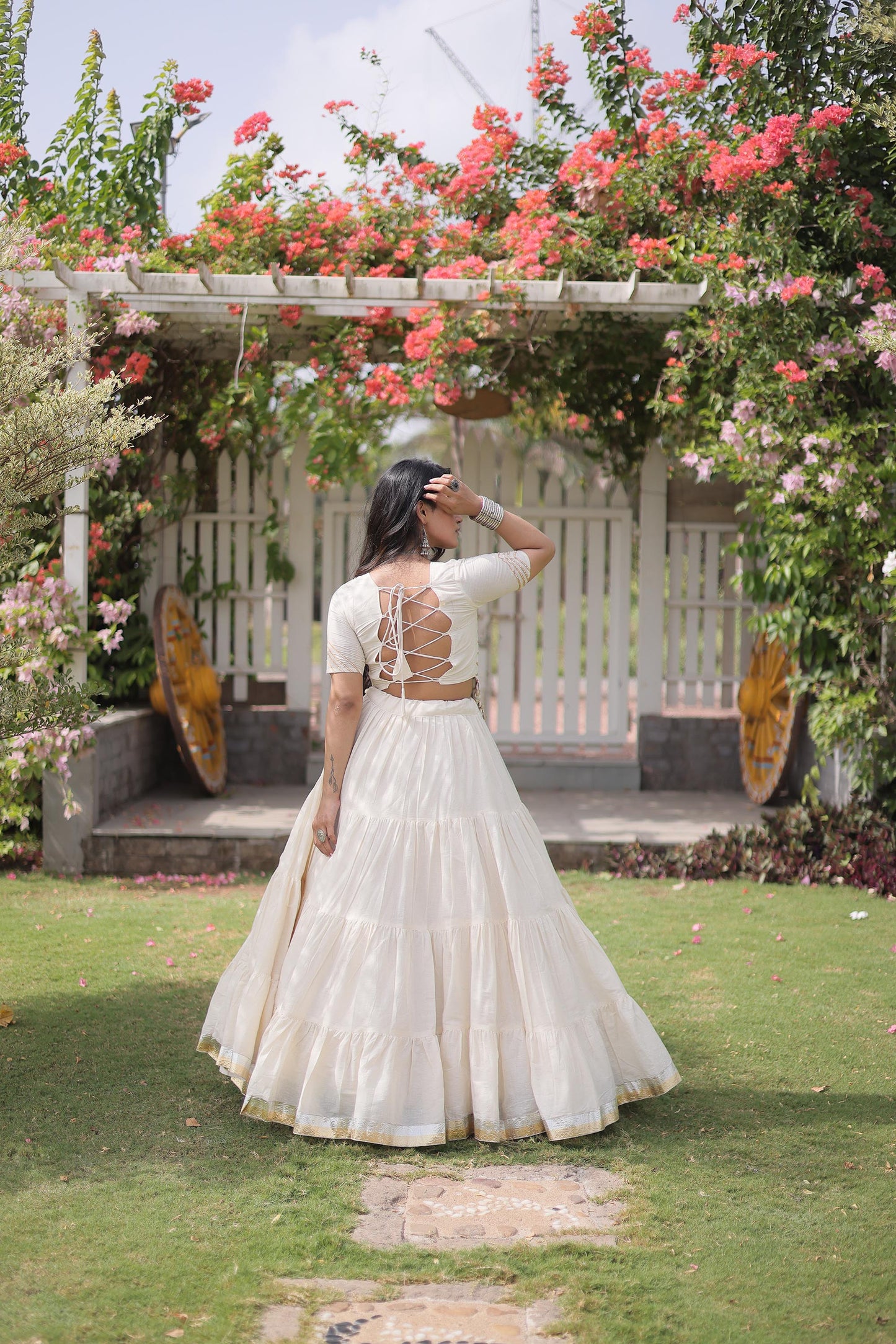 White Kora Cotton with kutcha Patch Work  Navratri Lehenga