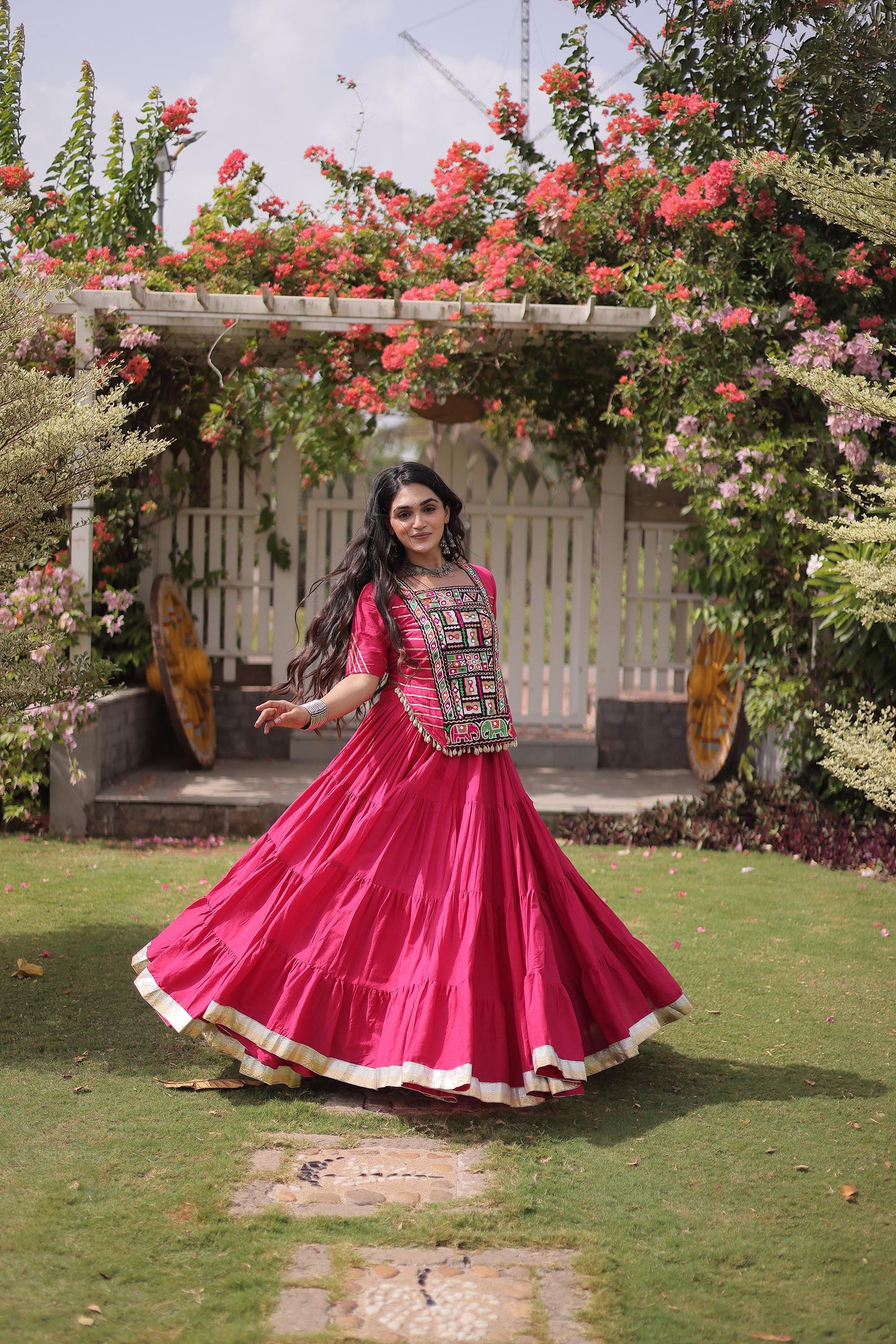 Pink Kora Cotton with kutcha Patch Work  Navratri Lehenga