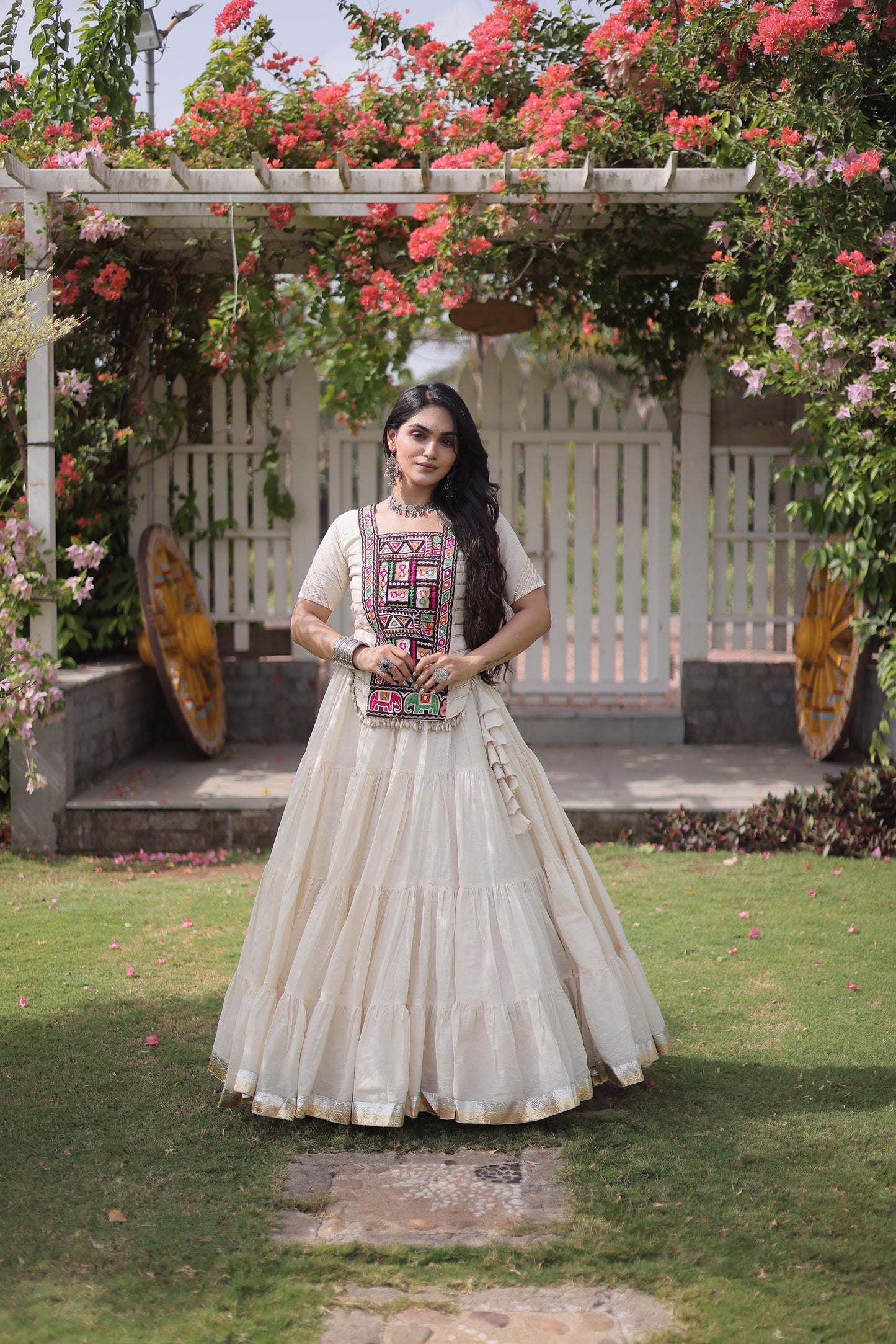 White Kora Cotton with kutcha Patch Work  Navratri Lehenga
