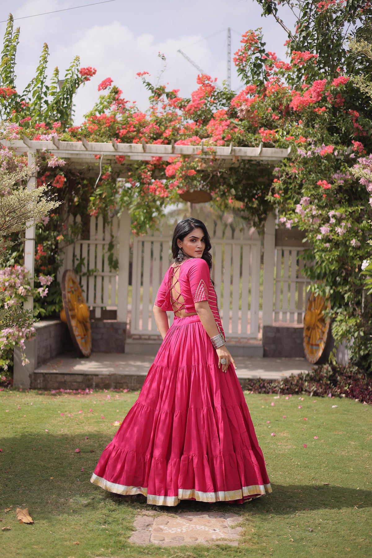 Pink Kora Cotton with kutcha Patch Work  Navratri Lehenga