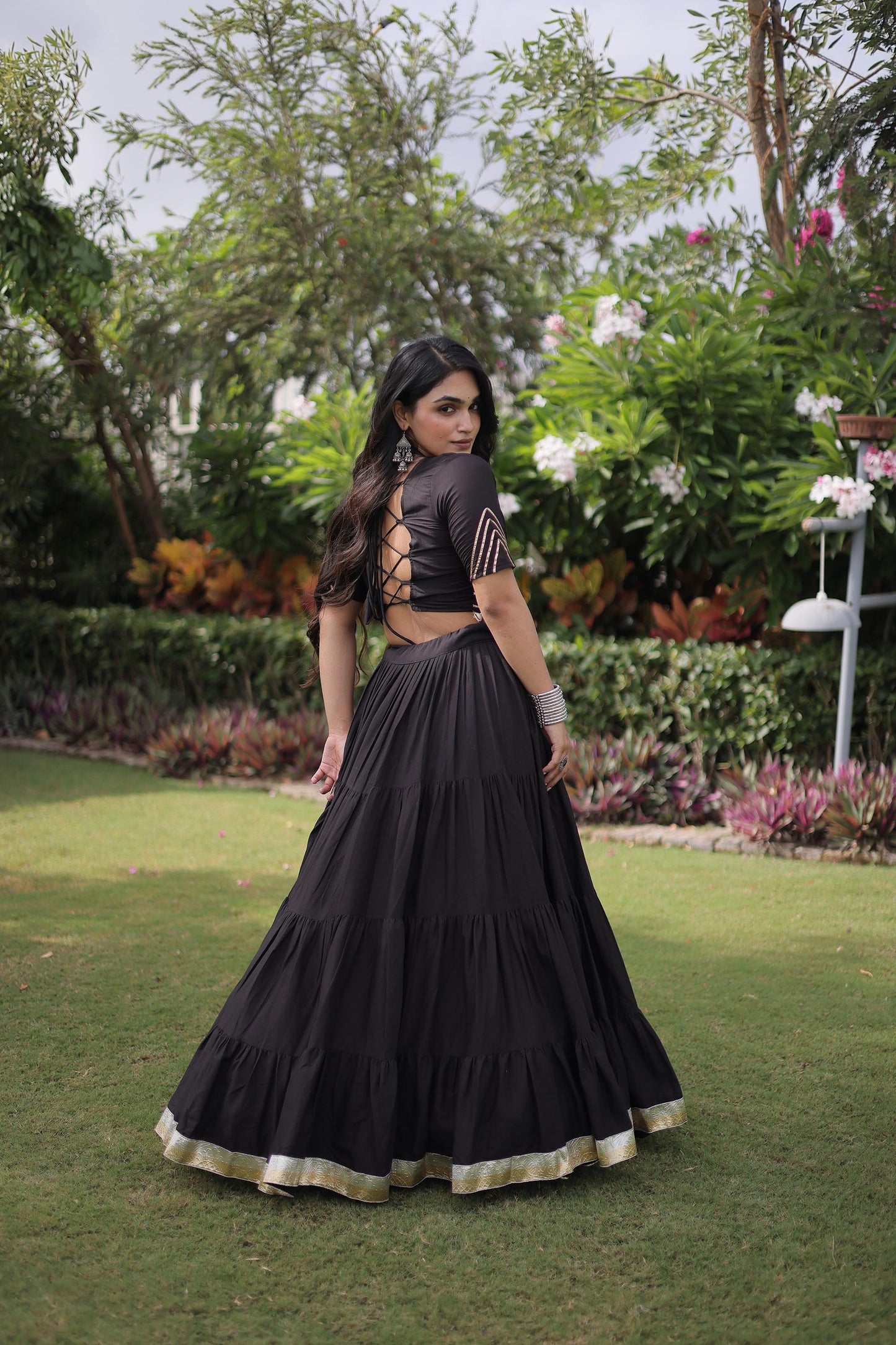 Black Cotton with kutcha Patch Work  Navratri Lehenga