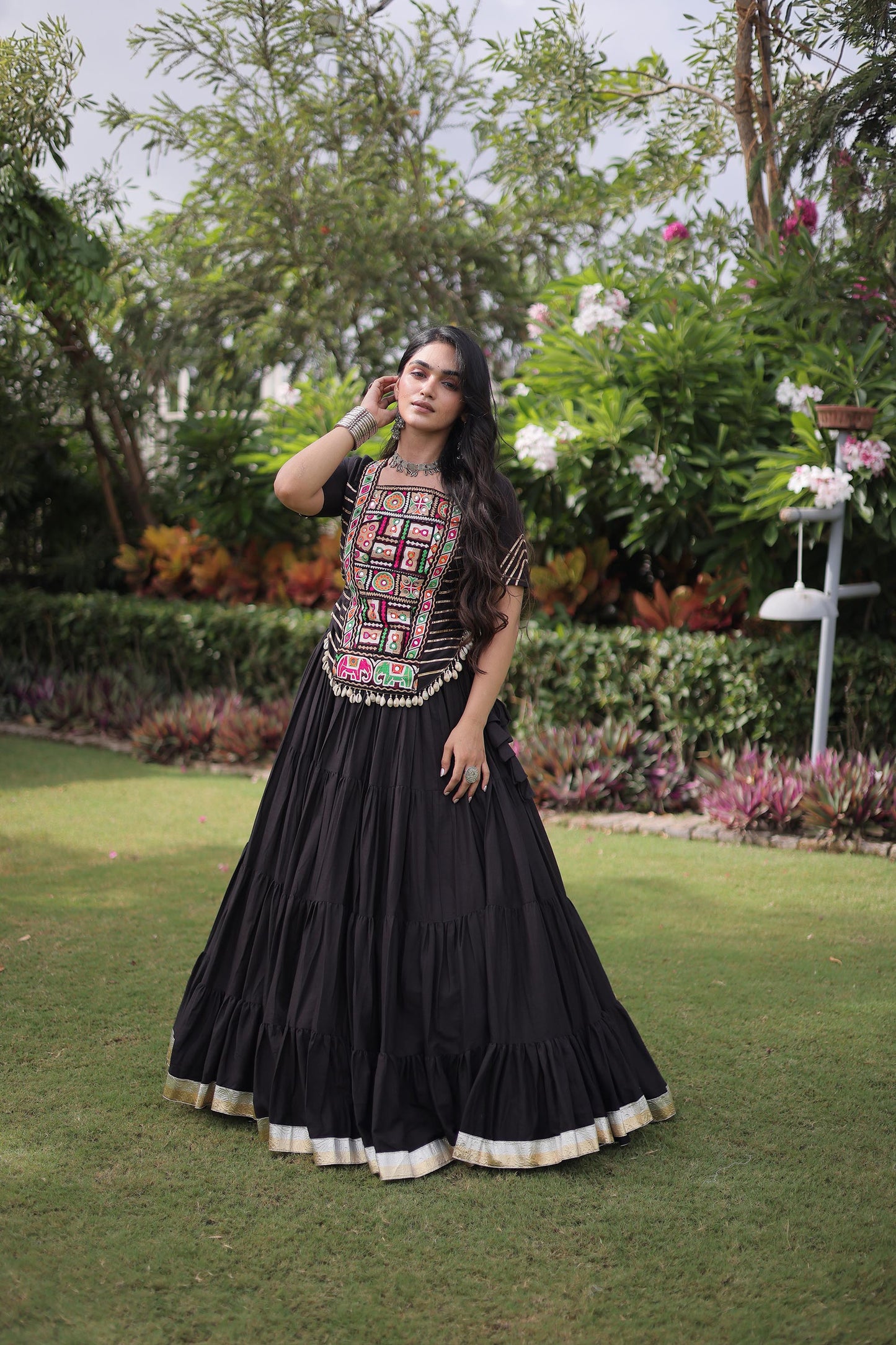 Black Cotton with kutcha Patch Work  Navratri Lehenga