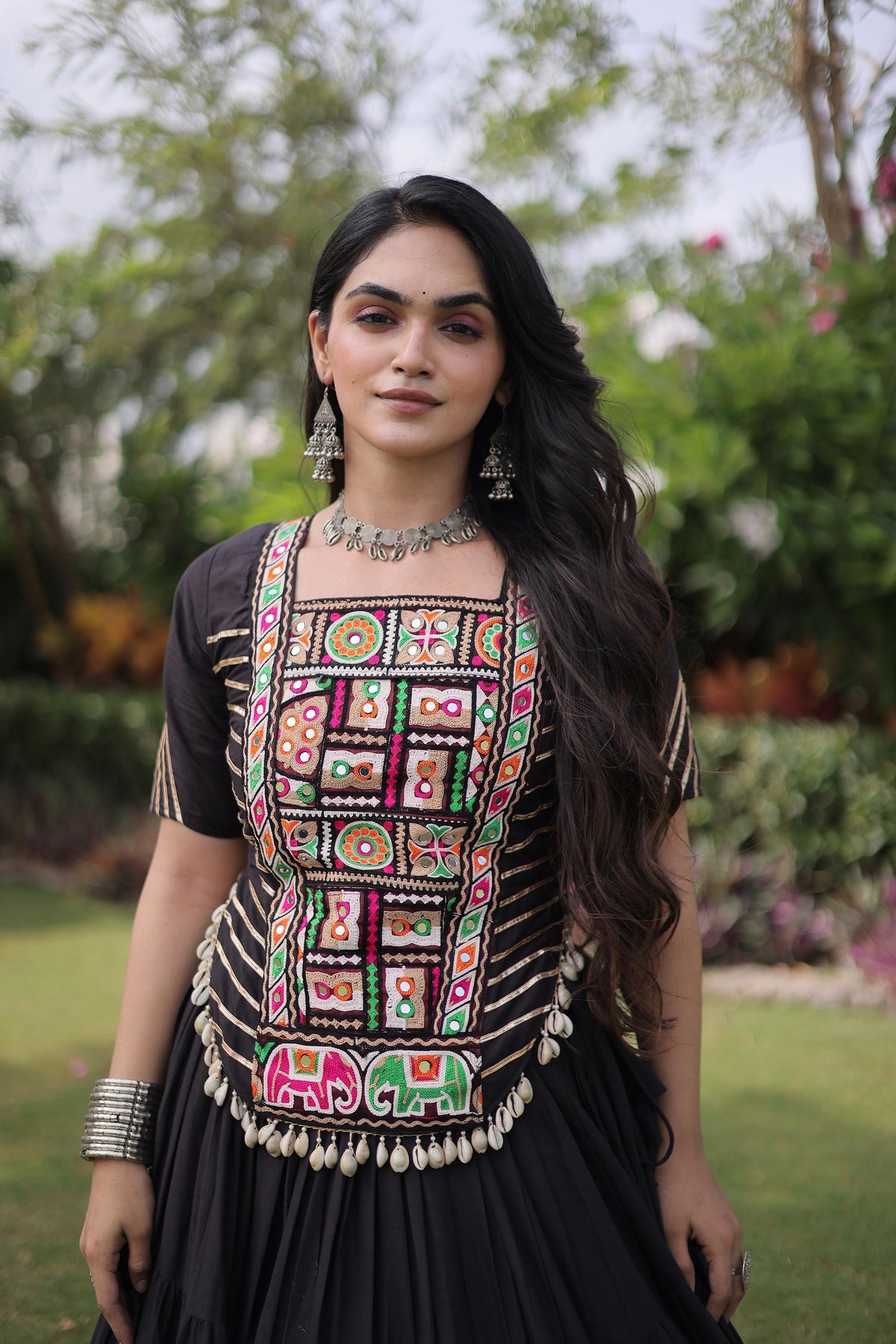 Black Cotton with kutcha Patch Work  Navratri Lehenga