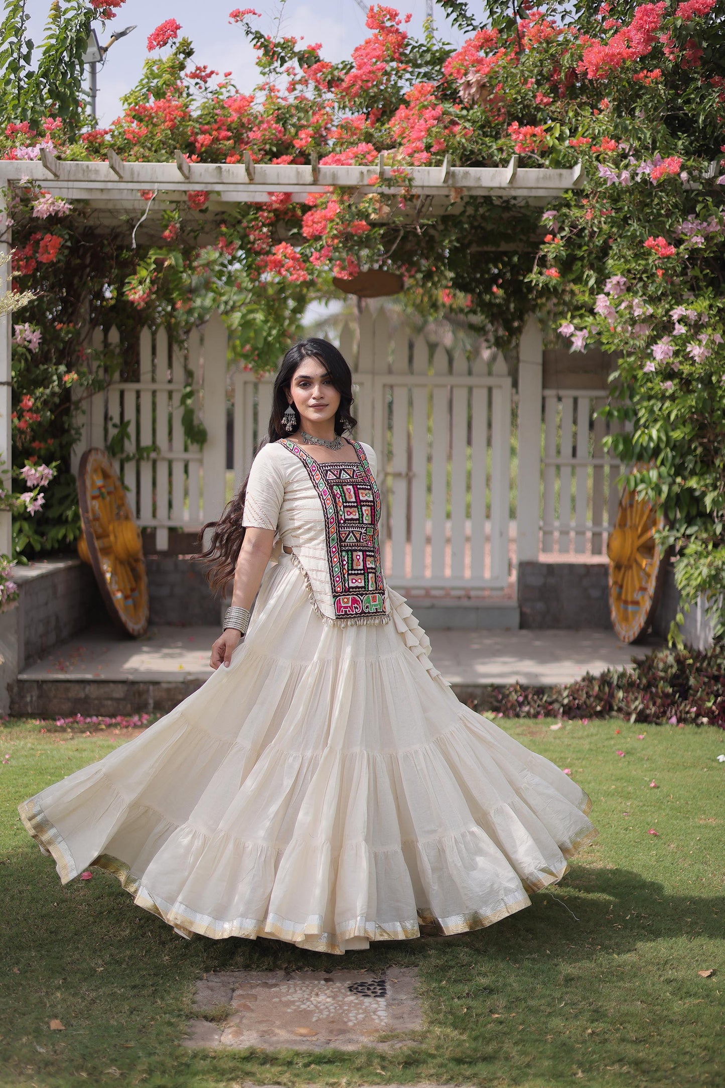 White Kora Cotton with kutcha Patch Work  Navratri Lehenga