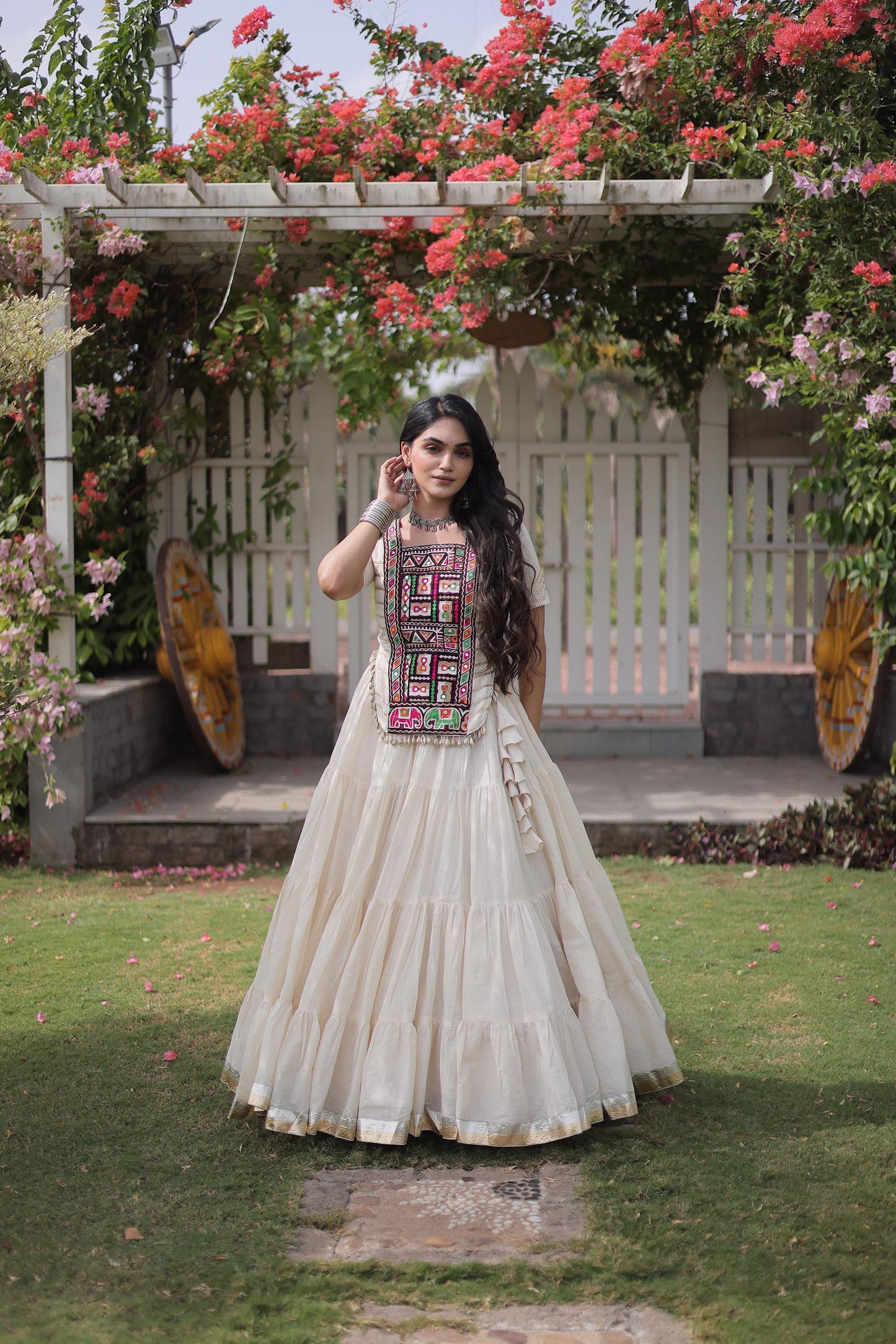 White Kora Cotton with kutcha Patch Work  Navratri Lehenga