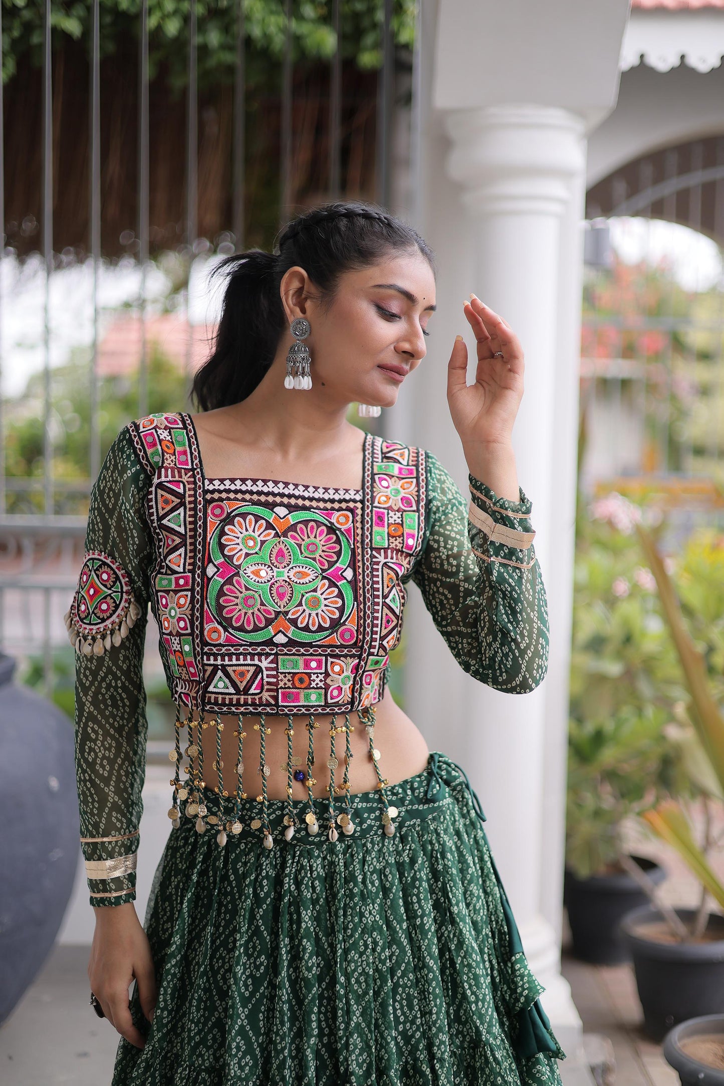 Green Bandhani Print with Kutchi Patchwork  Faux Georgette Navratri Lehenga Choli