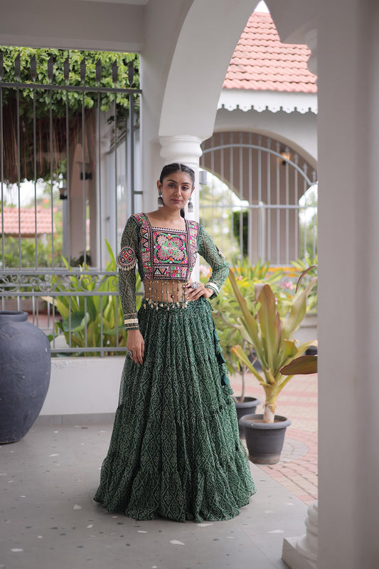 Green Bandhani Print with Kutchi Patchwork  Faux Georgette Navratri Lehenga Choli