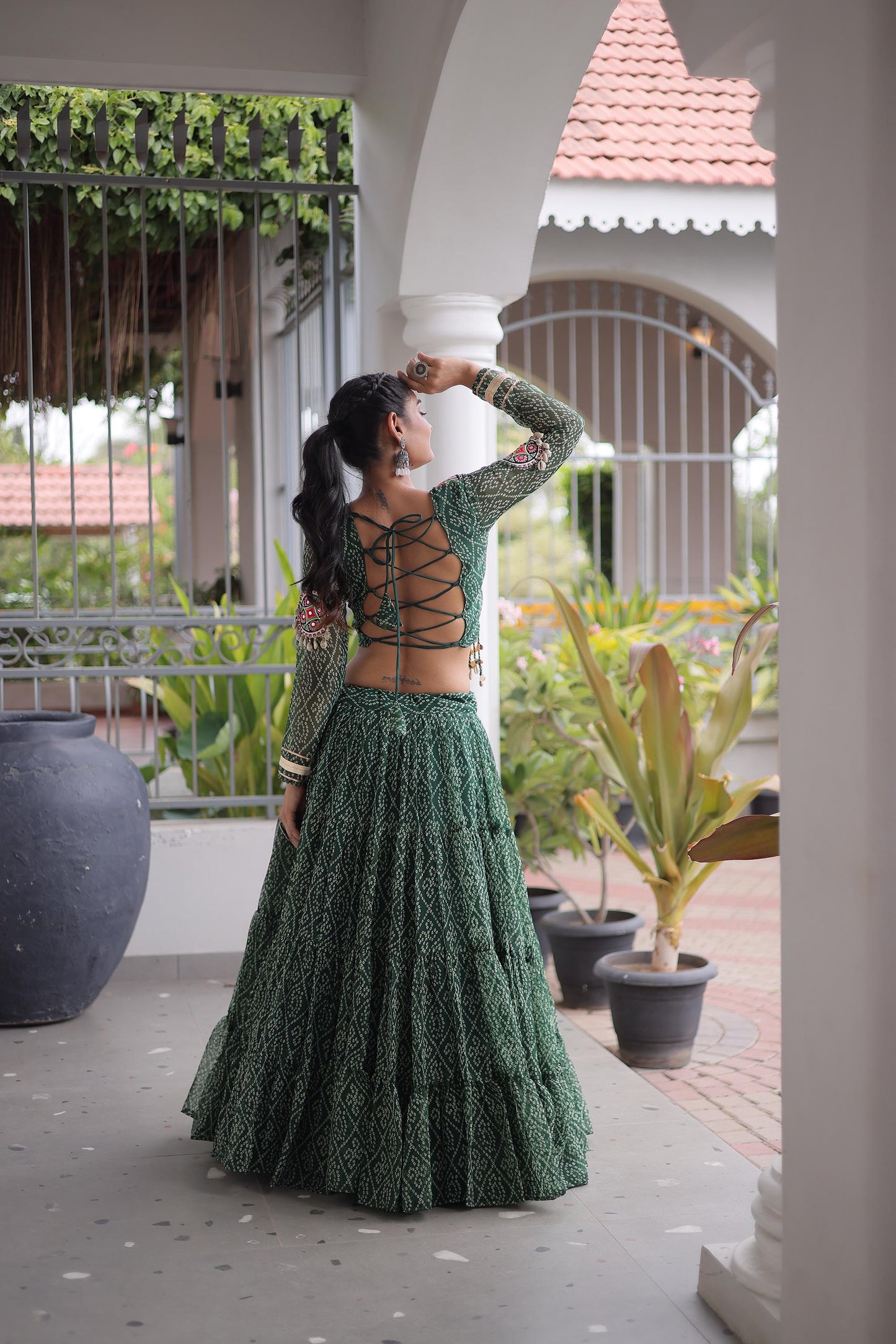 Green Bandhani Print with Kutchi Patchwork  Faux Georgette Navratri Lehenga Choli