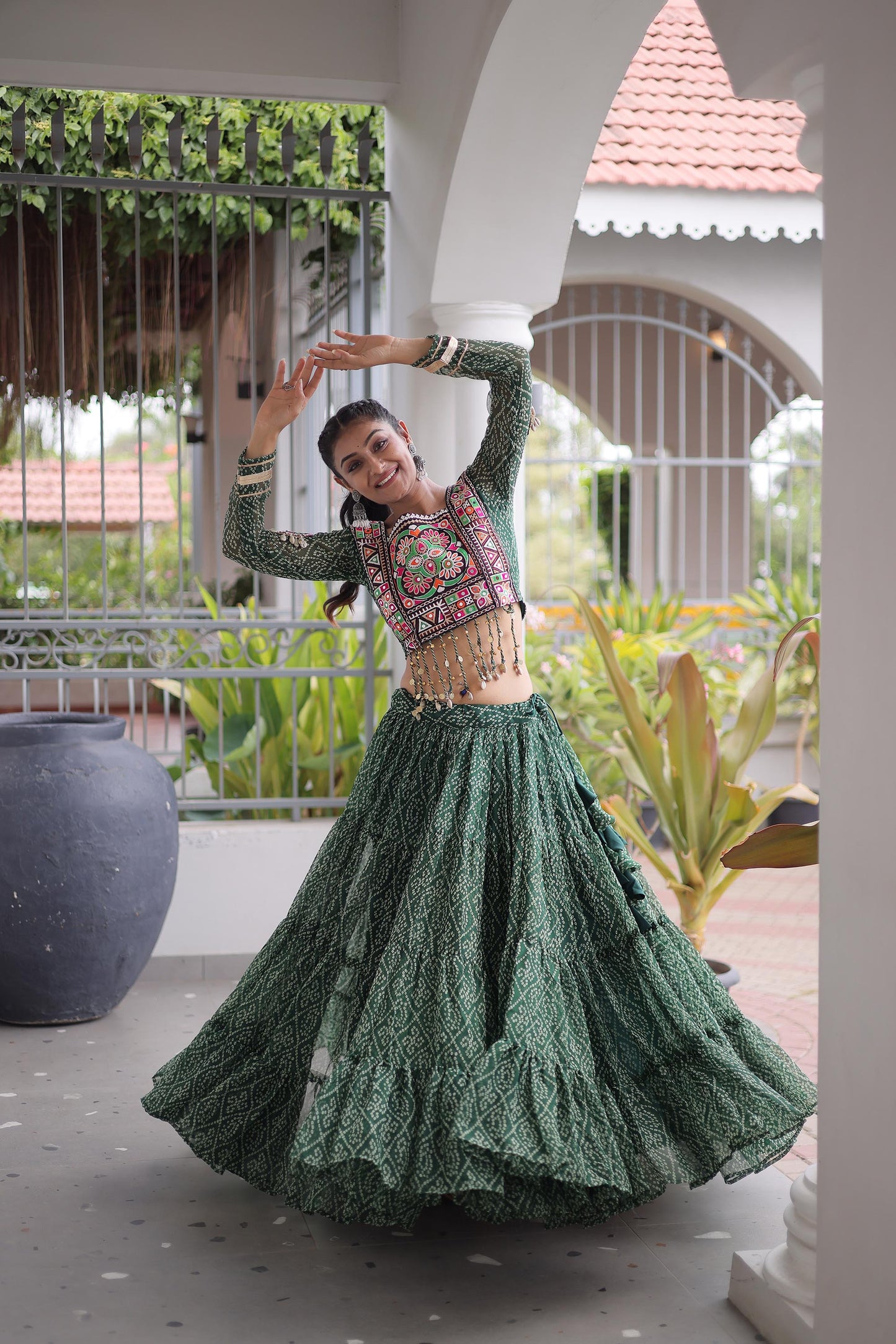 Green Bandhani Print with Kutchi Patchwork  Faux Georgette Navratri Lehenga Choli
