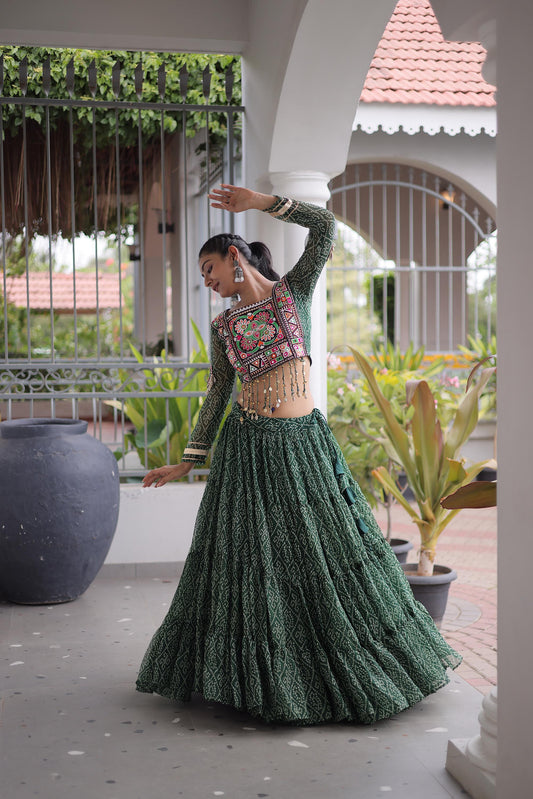 Green Bandhani Print with Kutchi Patchwork  Faux Georgette Navratri Lehenga Choli