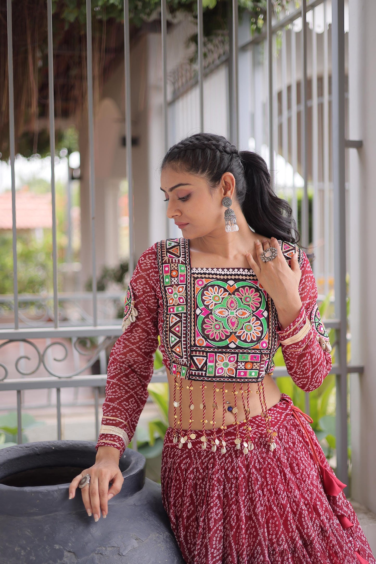 Maroon Bandhani Print with Kutchi Patchwork  Faux Georgette Navratri Lehenga Choli