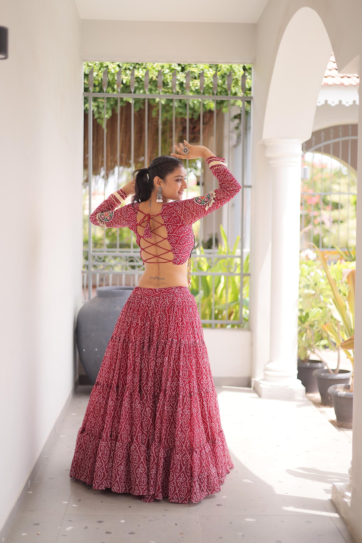 Maroon Bandhani Print with Kutchi Patchwork  Faux Georgette Navratri Lehenga Choli
