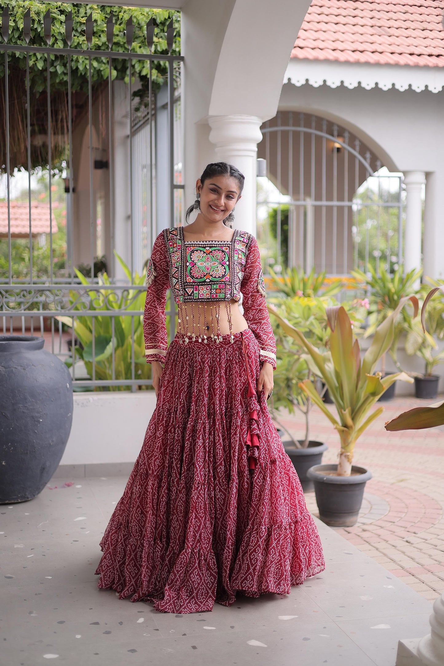 Maroon Bandhani Print with Kutchi Patchwork  Faux Georgette Navratri Lehenga Choli