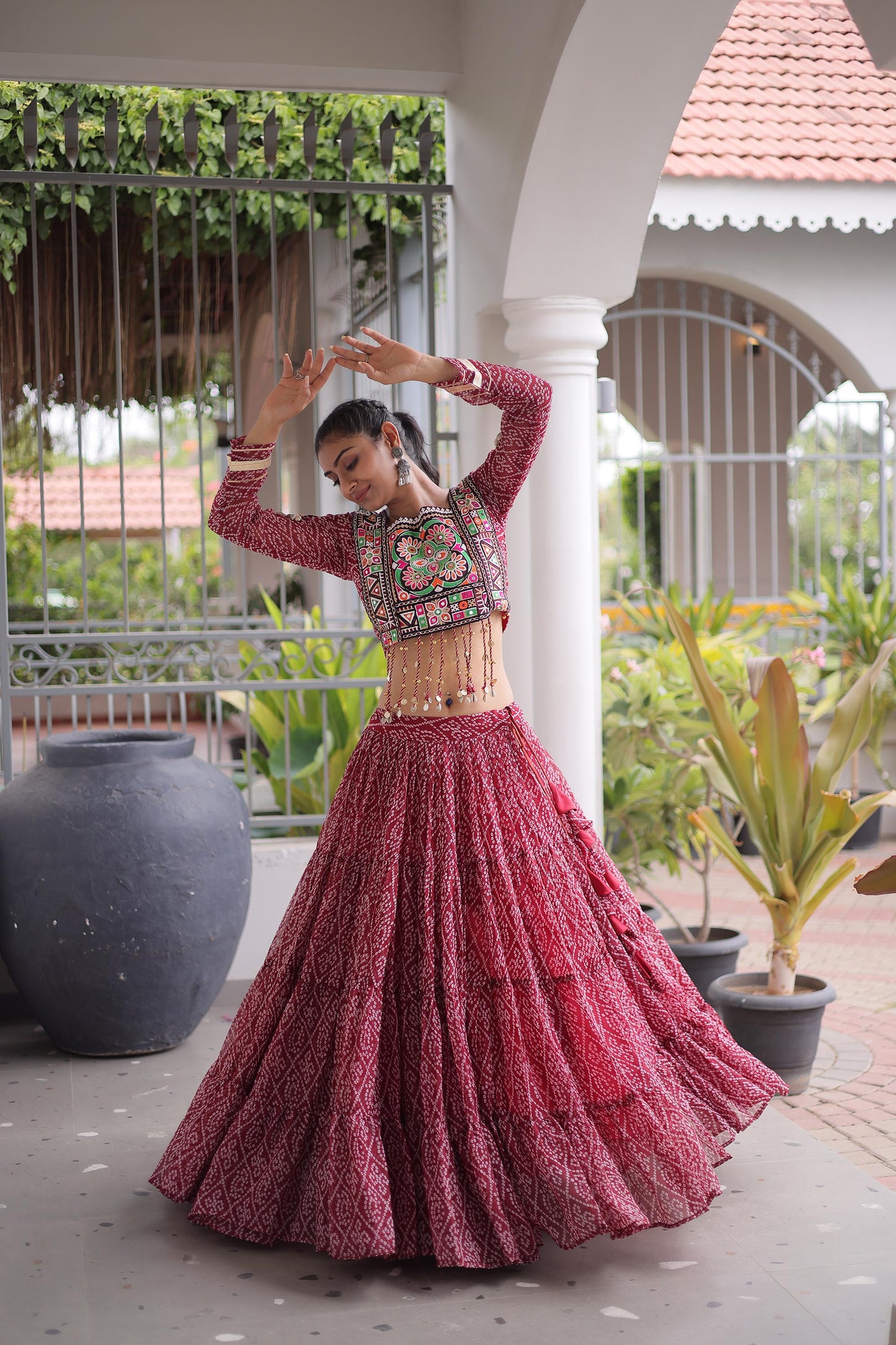 Maroon Bandhani Print with Kutchi Patchwork  Faux Georgette Navratri Lehenga Choli