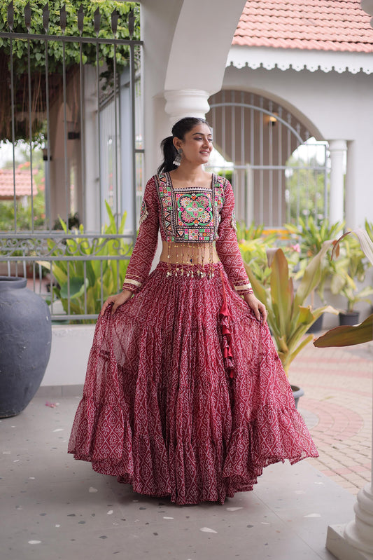 Maroon Bandhani Print with Kutchi Patchwork  Faux Georgette Navratri Lehenga Choli