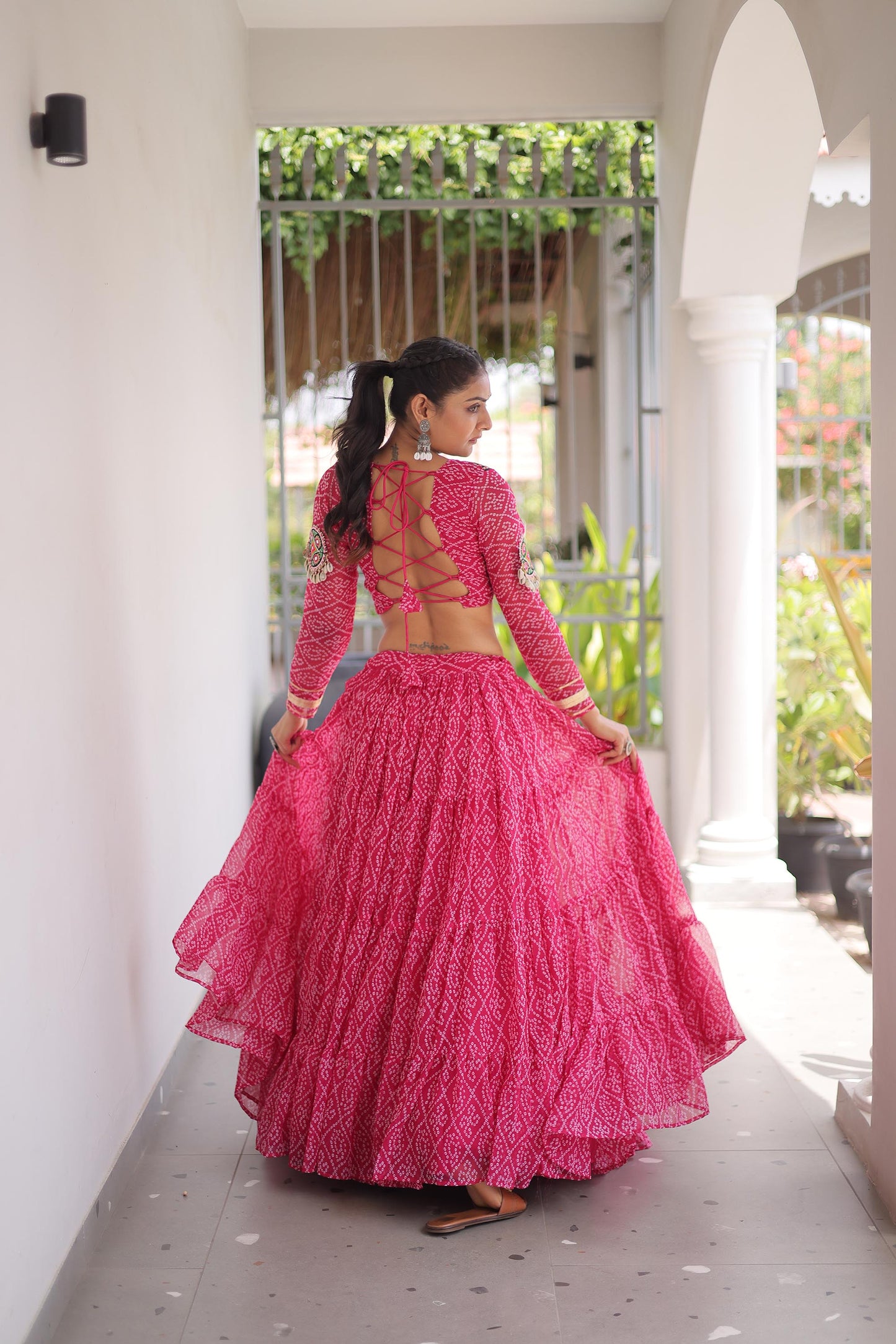Pink Bandhani Print with Kutchi Patchwork  Faux Georgette Navratri Lehenga Choli