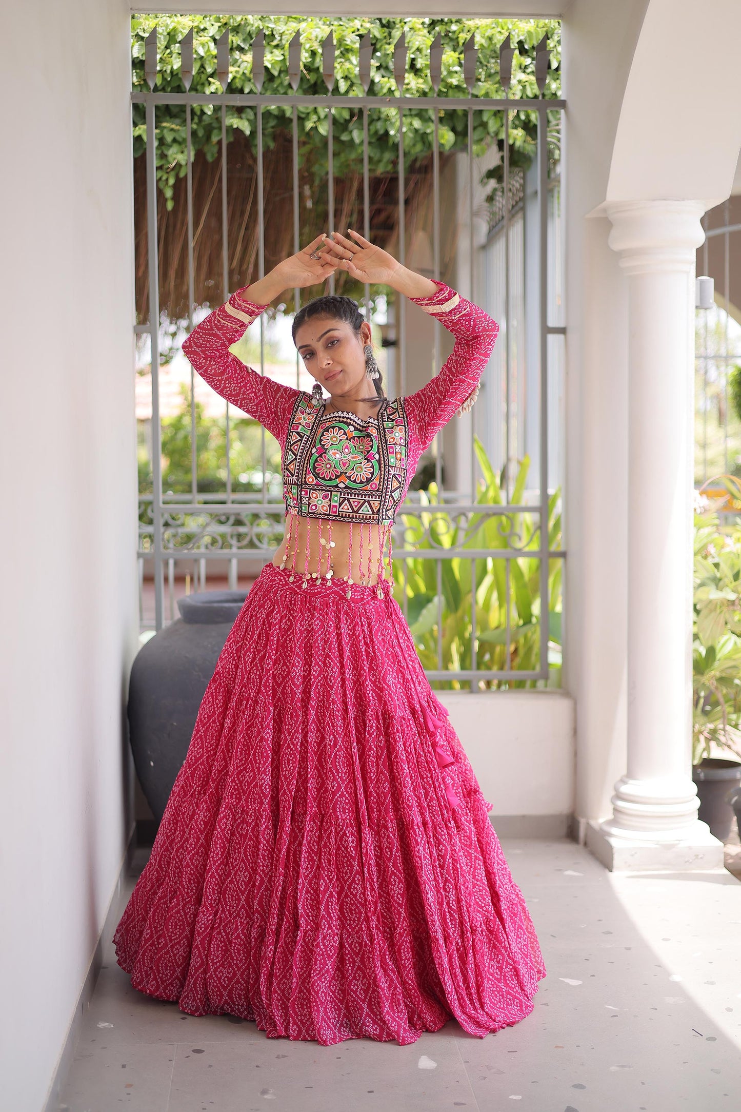 Pink Bandhani Print with Kutchi Patchwork  Faux Georgette Navratri Lehenga Choli