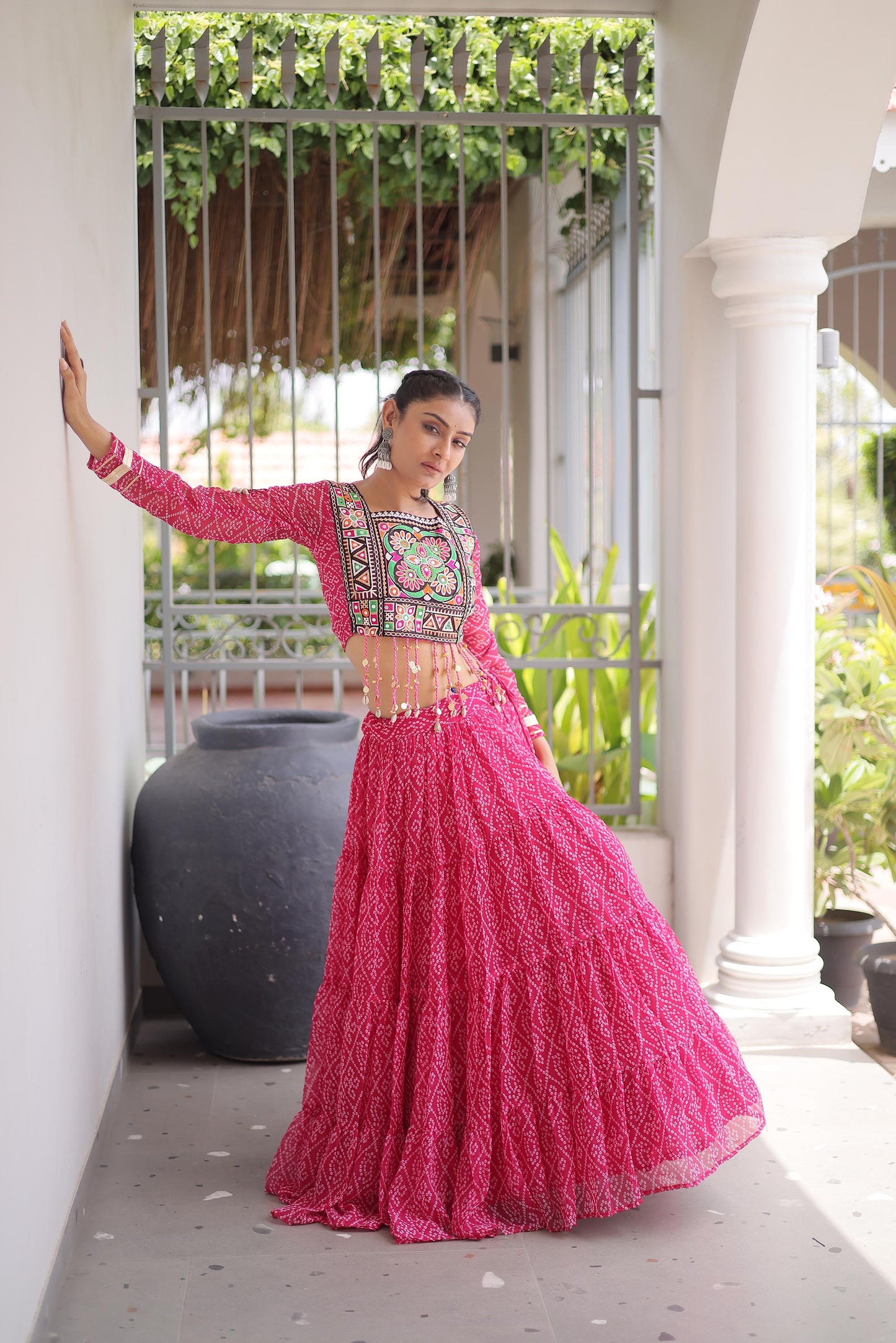 Pink Bandhani Print with Kutchi Patchwork  Faux Georgette Navratri Lehenga Choli