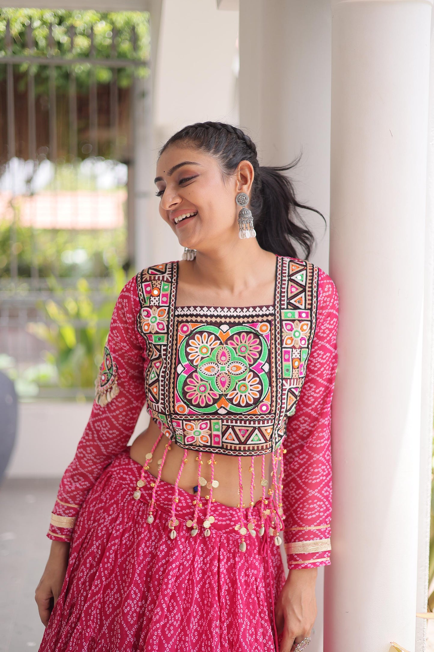 Pink Bandhani Print with Kutchi Patchwork  Faux Georgette Navratri Lehenga Choli