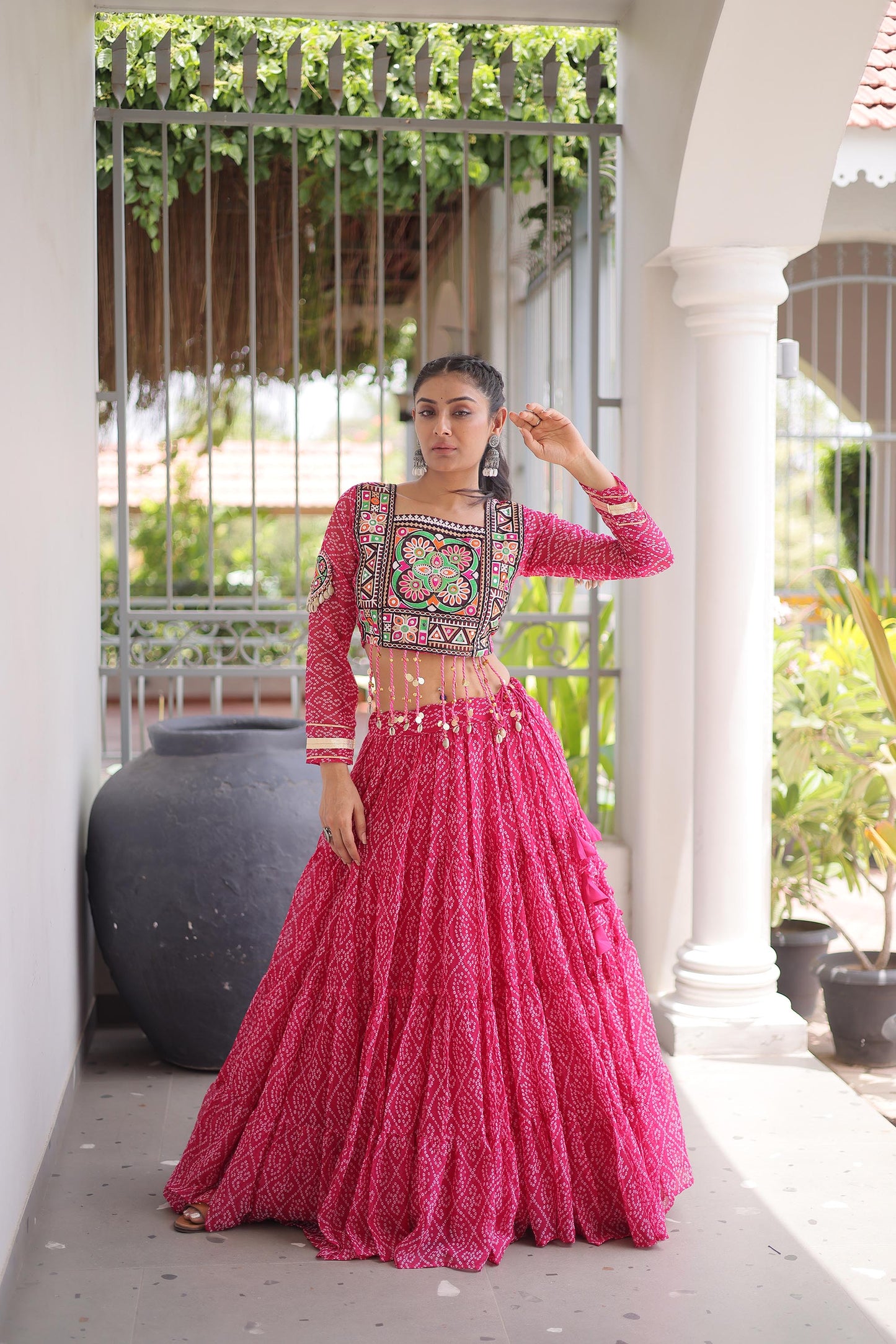 Pink Bandhani Print with Kutchi Patchwork  Faux Georgette Navratri Lehenga Choli
