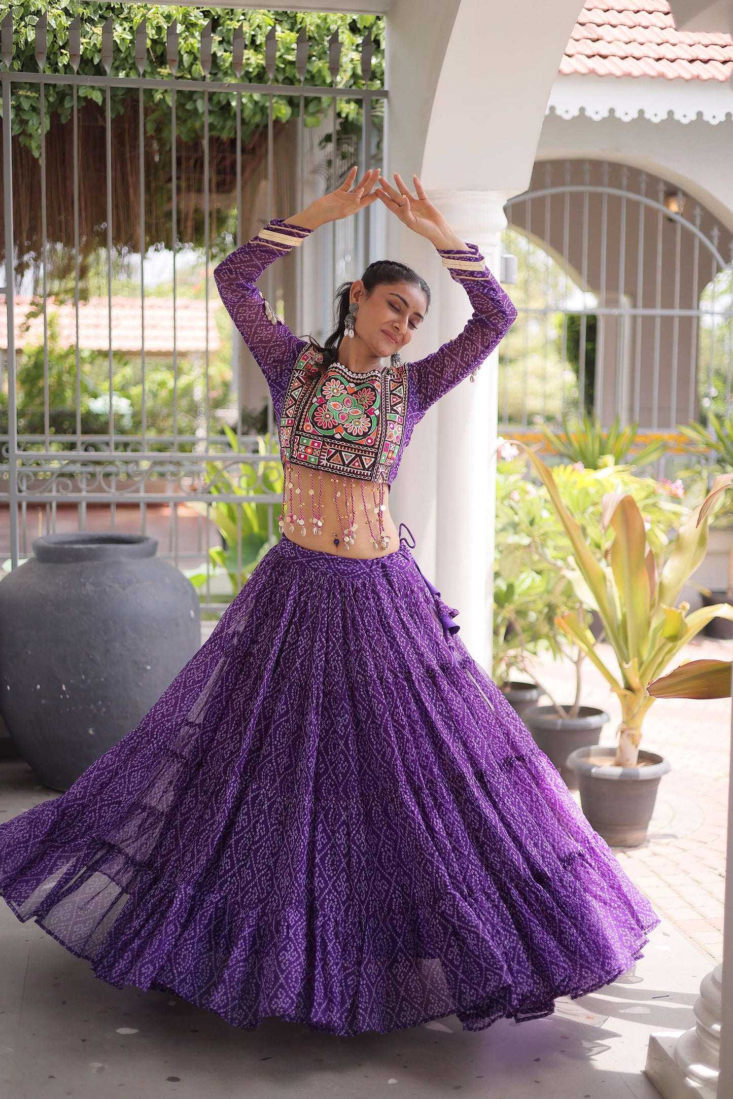 Purple Bandhani Print with Kutchi Patchwork  Faux Georgette Navratri Lehenga Choli