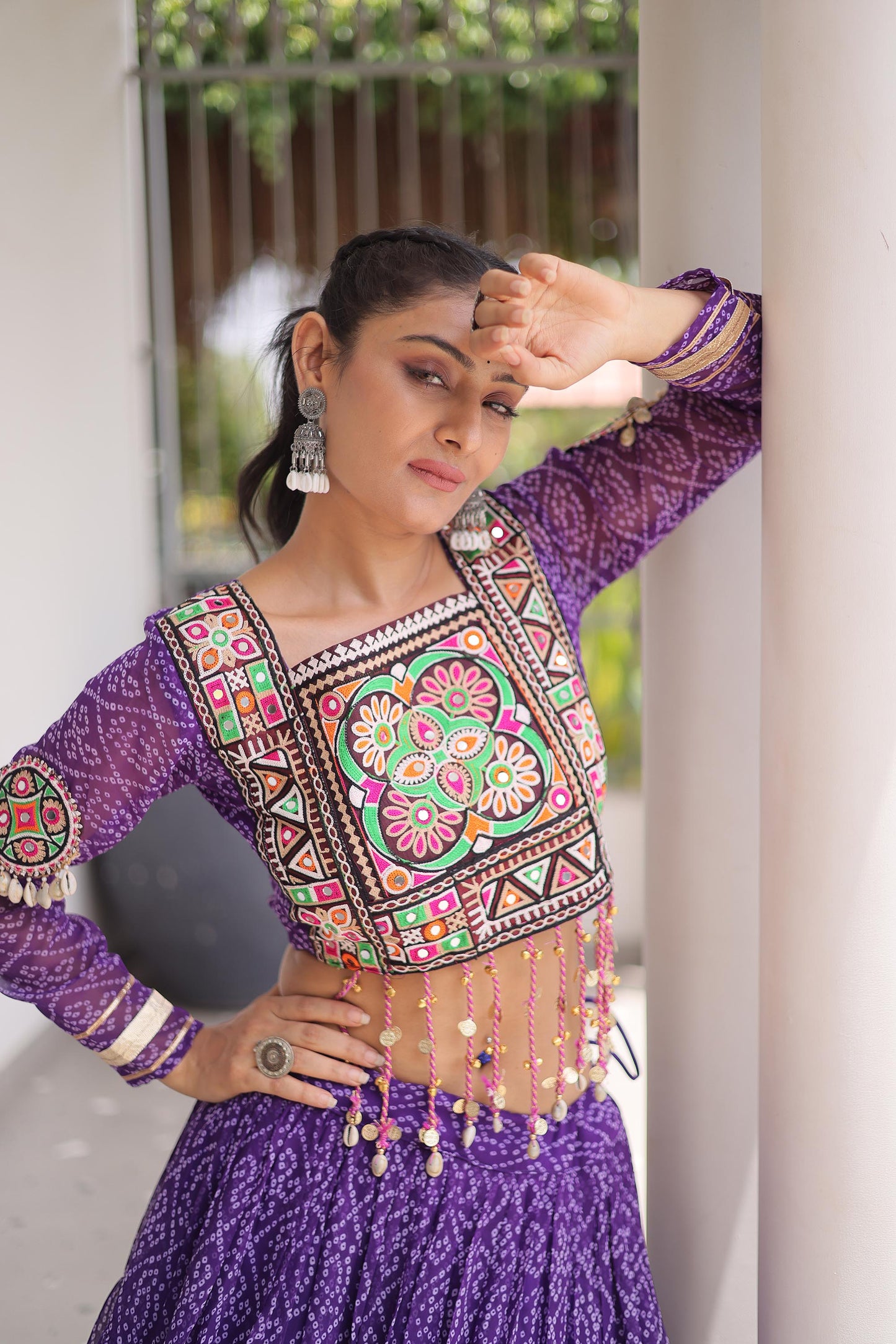 Purple Bandhani Print with Kutchi Patchwork  Faux Georgette Navratri Lehenga Choli