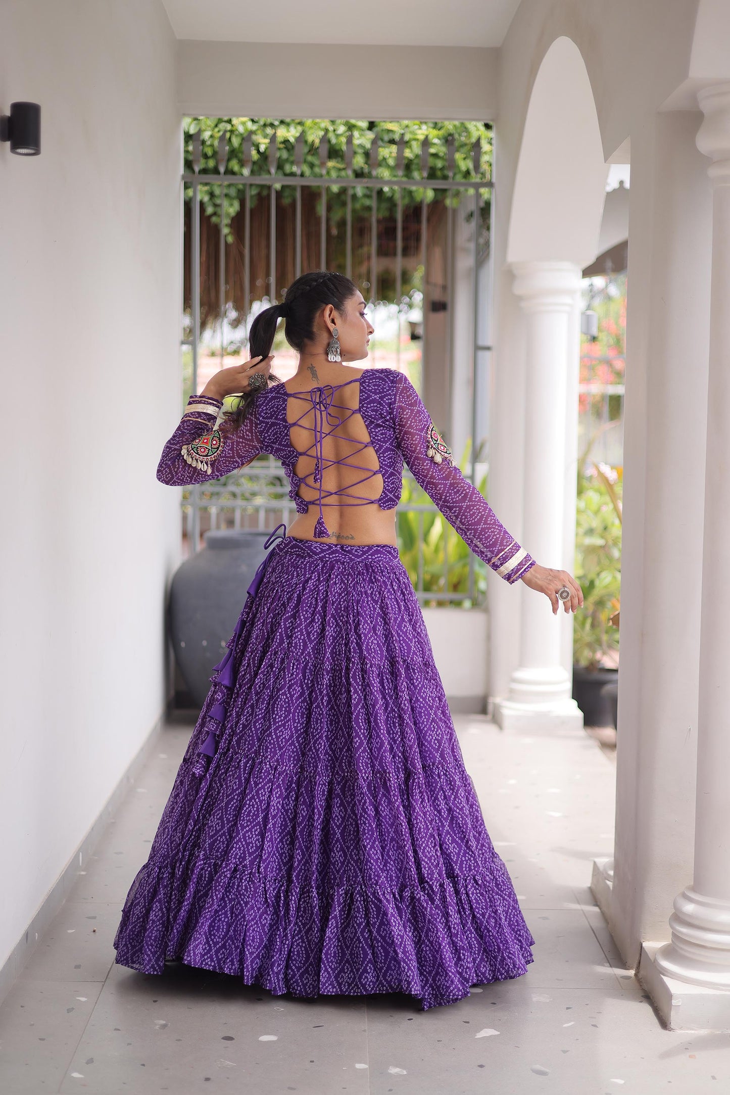 Purple Bandhani Print with Kutchi Patchwork  Faux Georgette Navratri Lehenga Choli