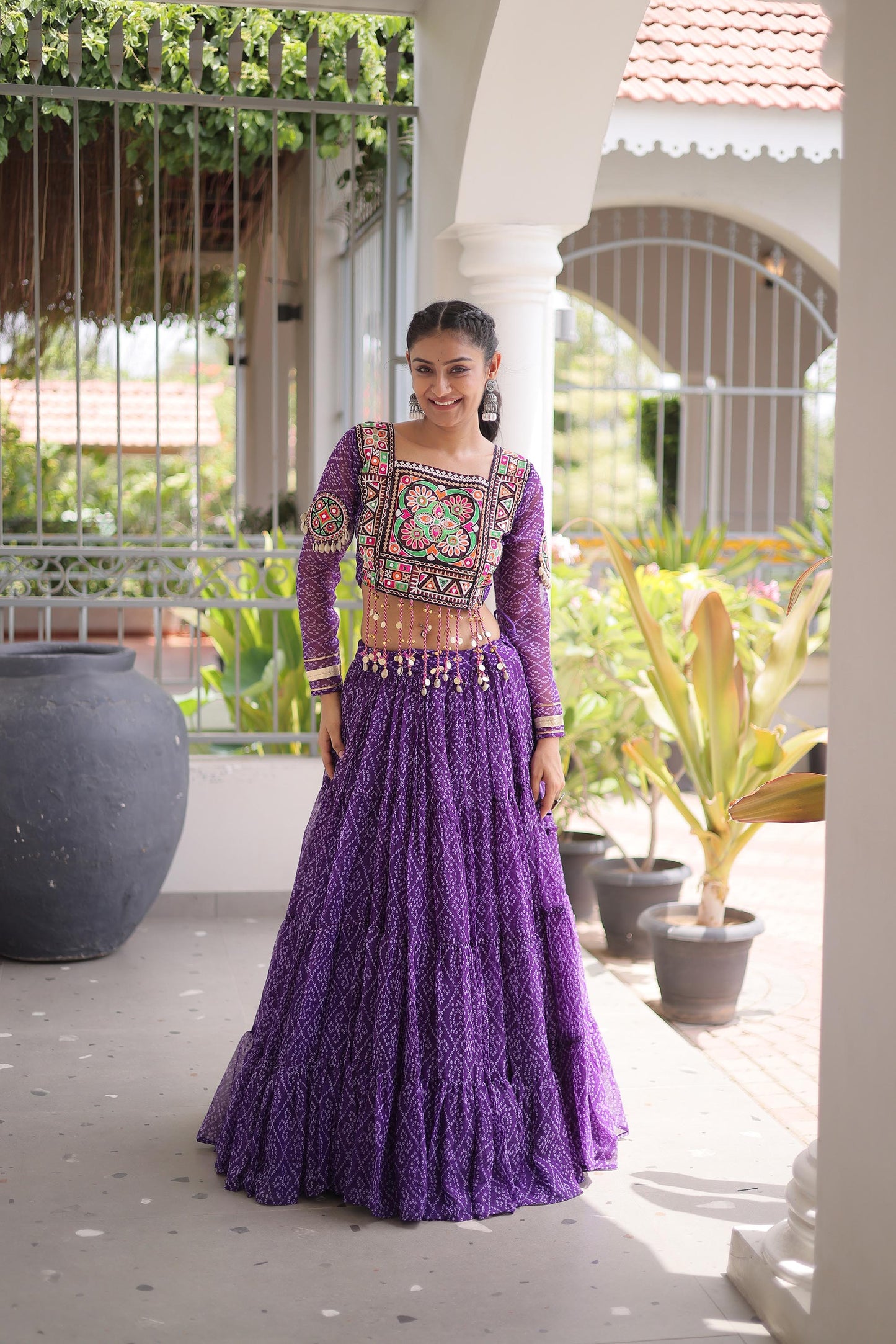 Purple Bandhani Print with Kutchi Patchwork  Faux Georgette Navratri Lehenga Choli