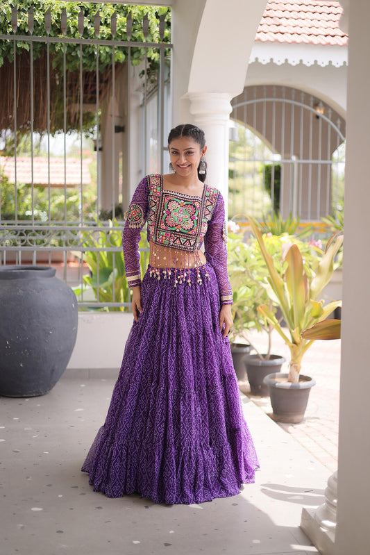 Purple Bandhani Print with Kutchi Patchwork  Faux Georgette Navratri Lehenga Choli