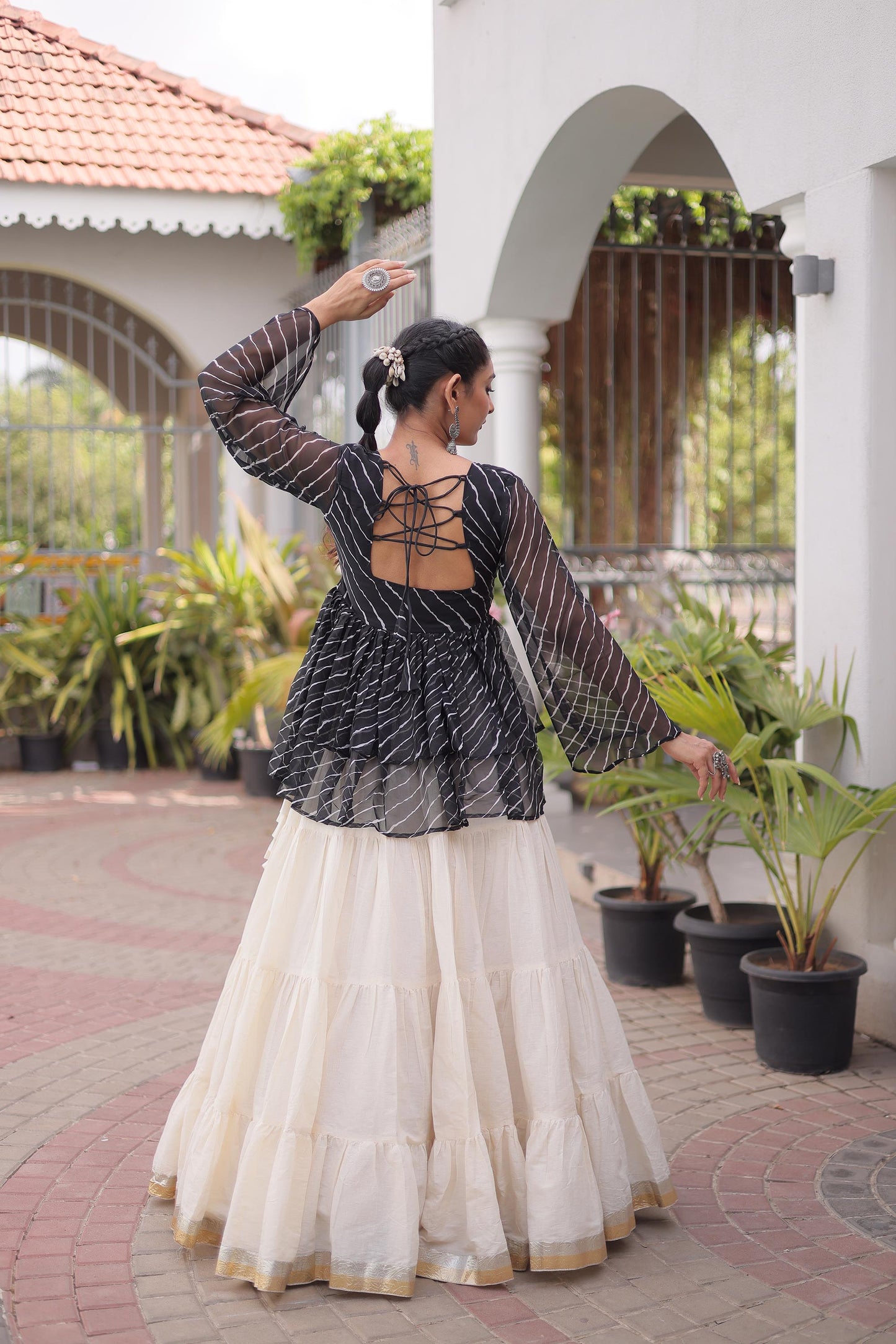 White & Black Kutchi Gamthi Patch Work Cotton Navratri Lehenga Choli