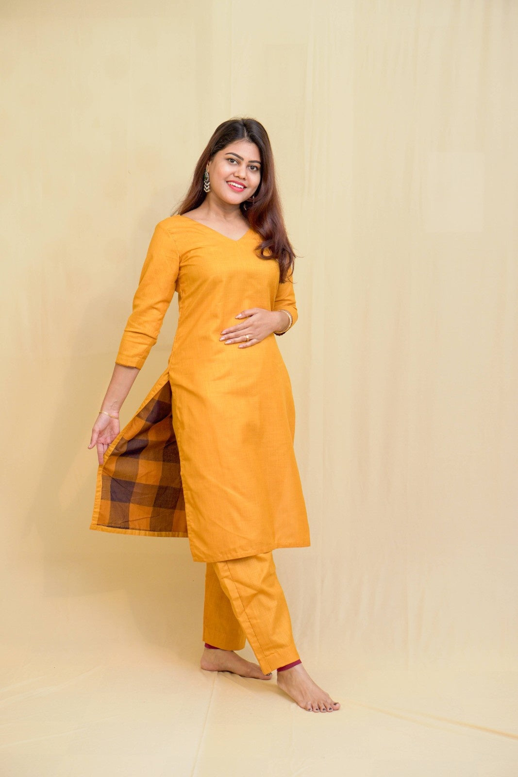 Kanaka -co-ord set in pure cotton with chettinad checks in mustard
